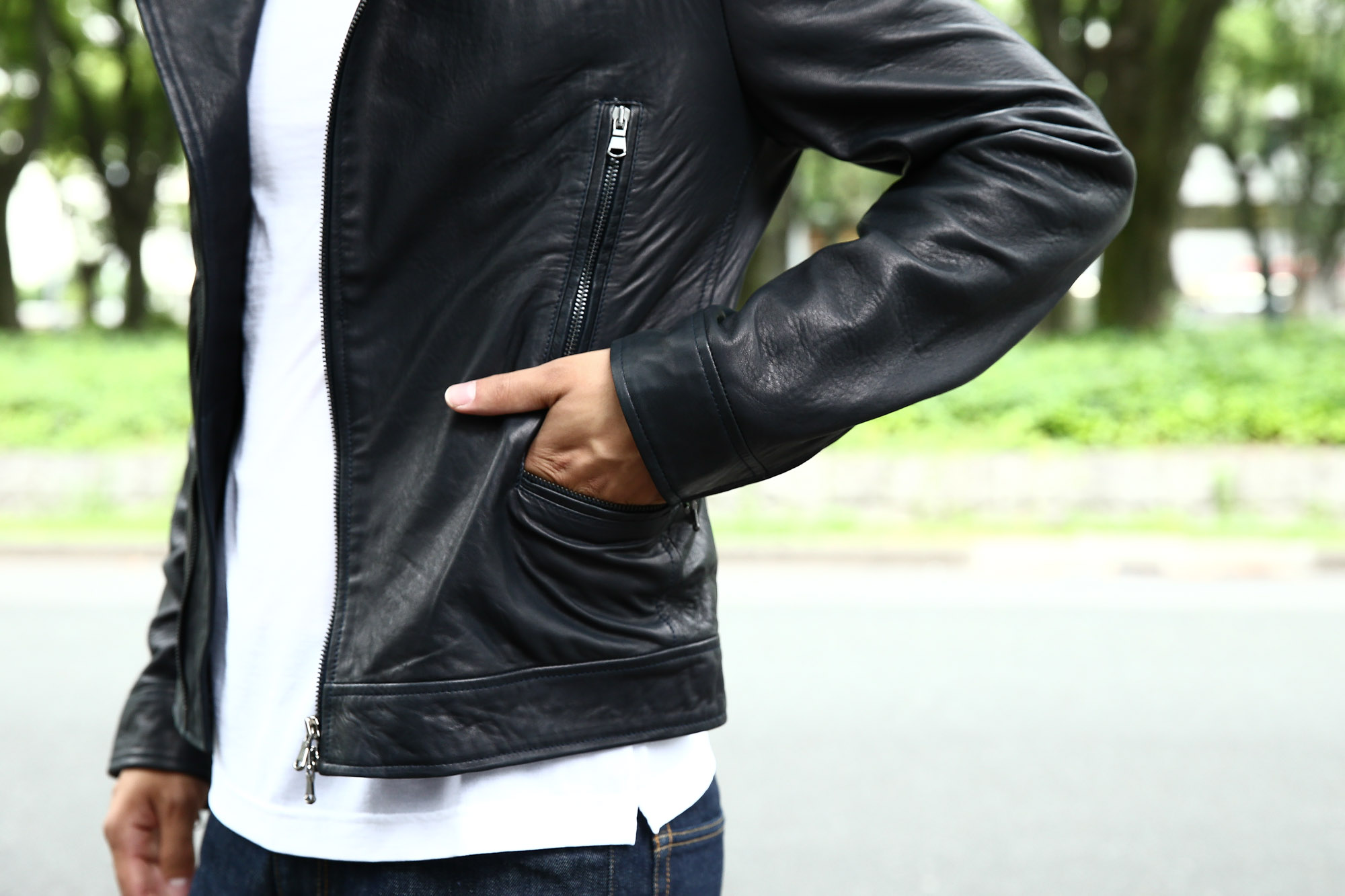 Radice(ラディーチェ) 1012 Lamb Napa(ラムナッパ) Leather Jacket ダブルライダース レザージャケット NAVY(ネイビー) MADE IN ITALY イタリア製 ダブルライダース ラムナッパレザー 愛知　名古屋 Alto e Diritto アルト エ デリット セレクトショップ モデル着用 ザノーネ インコテックススラックス エンツォボナフェ