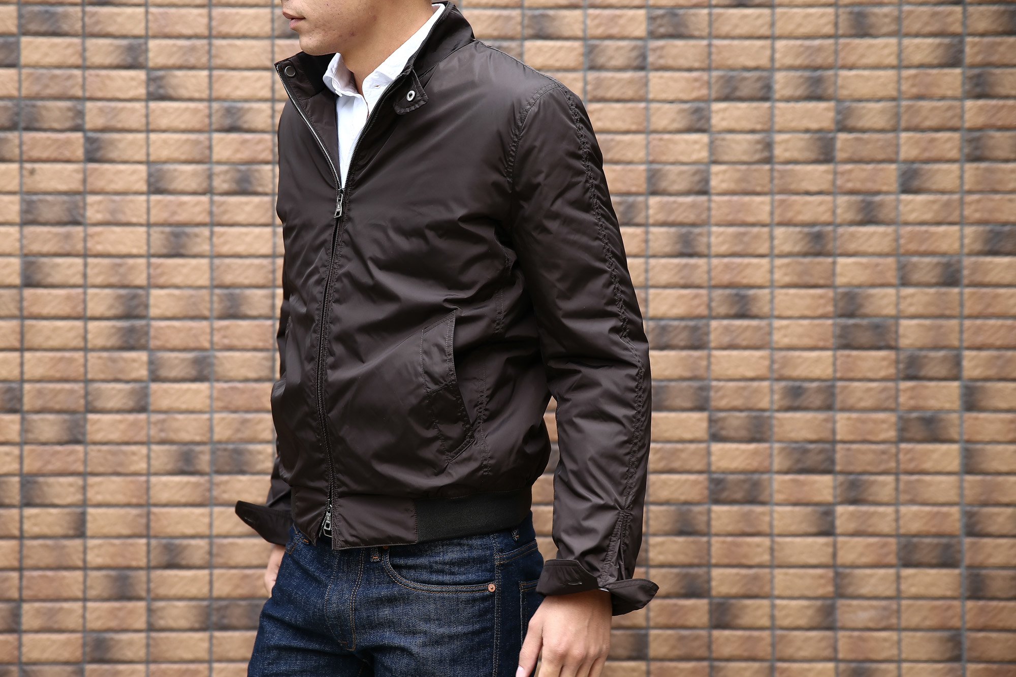 Sealup (シーラップ) Bomber Jacket (ボンバージャケット) 7578 9683 中綿入り ボマージャケット ナイロンジャケット BROWN (ブラウン・29) MADE IN ITALY(イタリア製)  2016 秋冬新作 のコーディネート画像。 愛知 名古屋 Alto e Diritto アルト エ デリット  セレクトショップ レザージャケット ブルゾン ブラウン 茶 シーラップ 名古屋 44,46,48,50,52