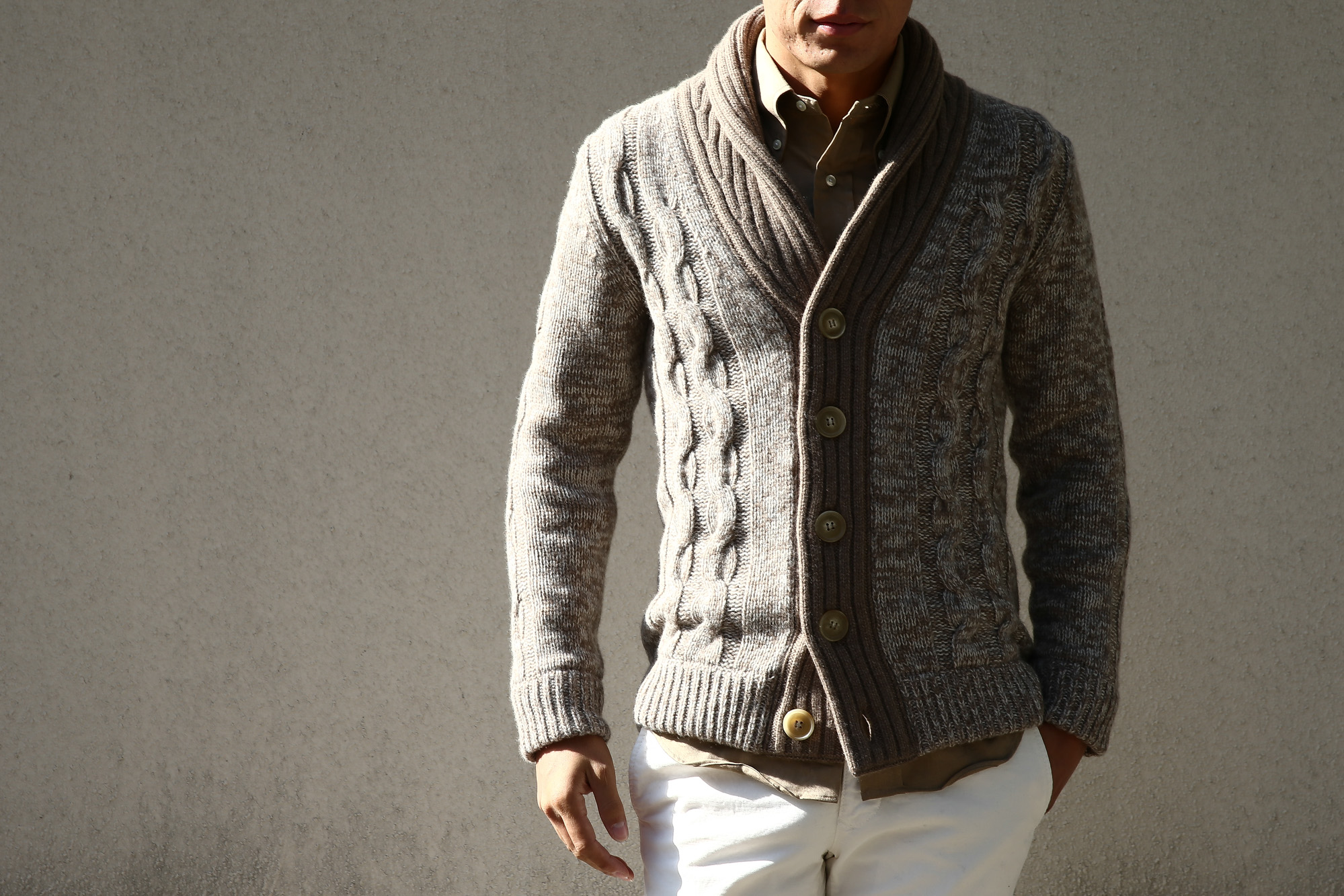 Settefili Cashmere (セッテフィーリ カシミア) Shawl Collar Cardigan (ショールカラーカーディガン) メランジ ウール カシミア ローゲージニットカーディガン ショールカラーカーディガン GREGE (グレージュ・CM01) made in italy (イタリア製)　2016 秋冬新作 愛知 名古屋 Alto e Diritto アルト エ デリット ショールカラー セッテフィーリカシミア