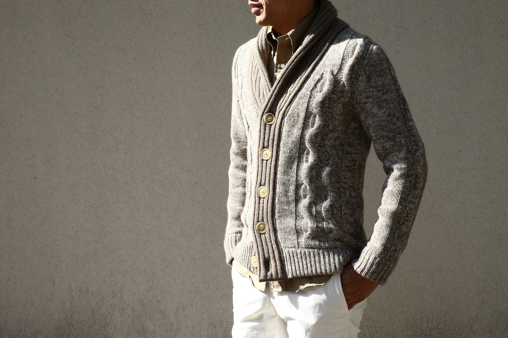 Settefili Cashmere (セッテフィーリ カシミア) Shawl Collar Cardigan (ショールカラーカーディガン) メランジ ウール カシミア ローゲージニットカーディガン ショールカラーカーディガン GREGE (グレージュ・CM01) made in italy (イタリア製)　2016 秋冬新作 愛知 名古屋 Alto e Diritto アルト エ デリット ショールカラー セッテフィーリカシミア