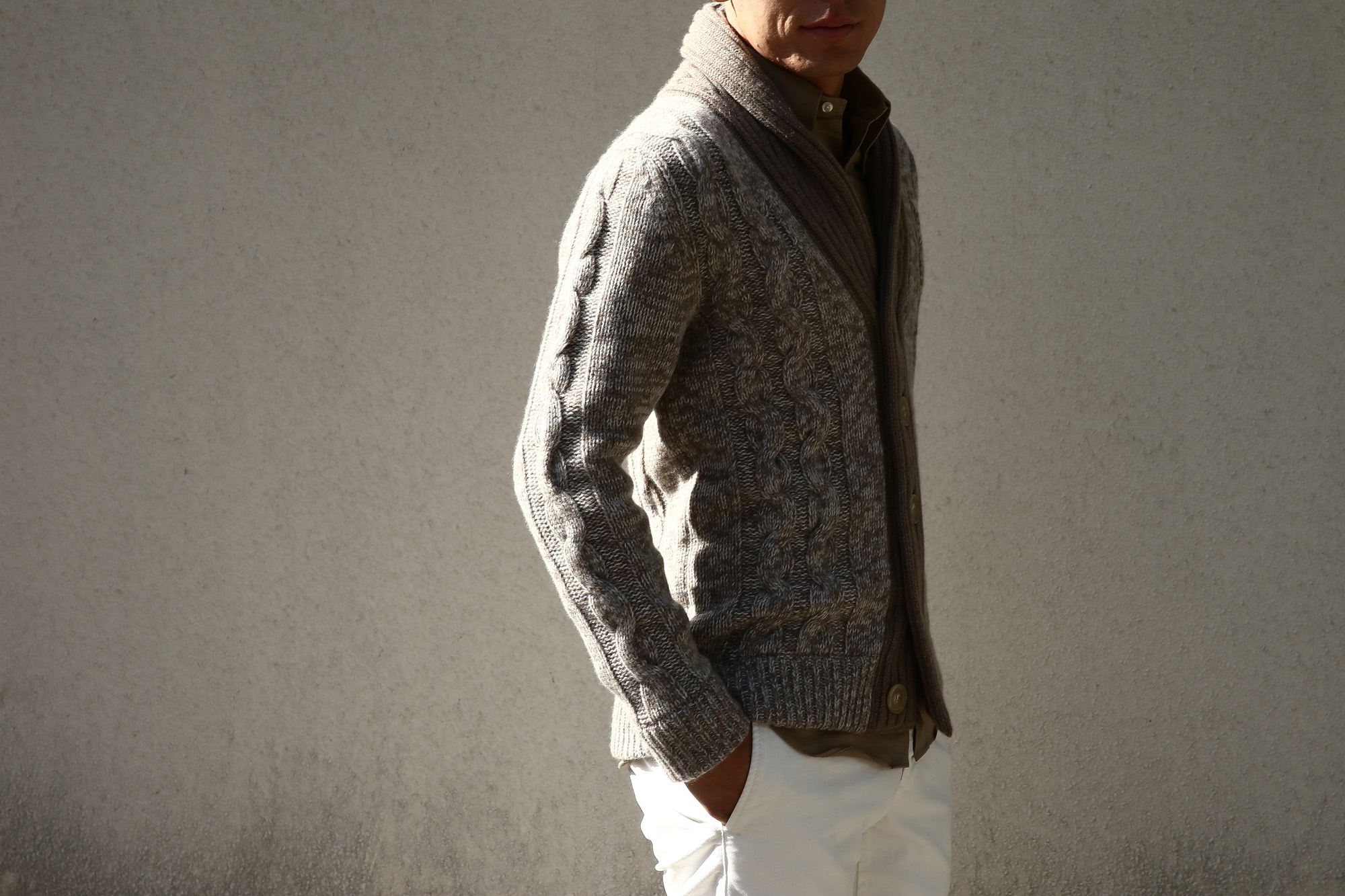 Settefili Cashmere (セッテフィーリ カシミア) Shawl Collar Cardigan (ショールカラーカーディガン) メランジ ウール カシミア ローゲージニットカーディガン ショールカラーカーディガン GREGE (グレージュ・CM01) made in italy (イタリア製)　2016 秋冬新作 愛知 名古屋 Alto e Diritto アルト エ デリット ショールカラー セッテフィーリカシミア