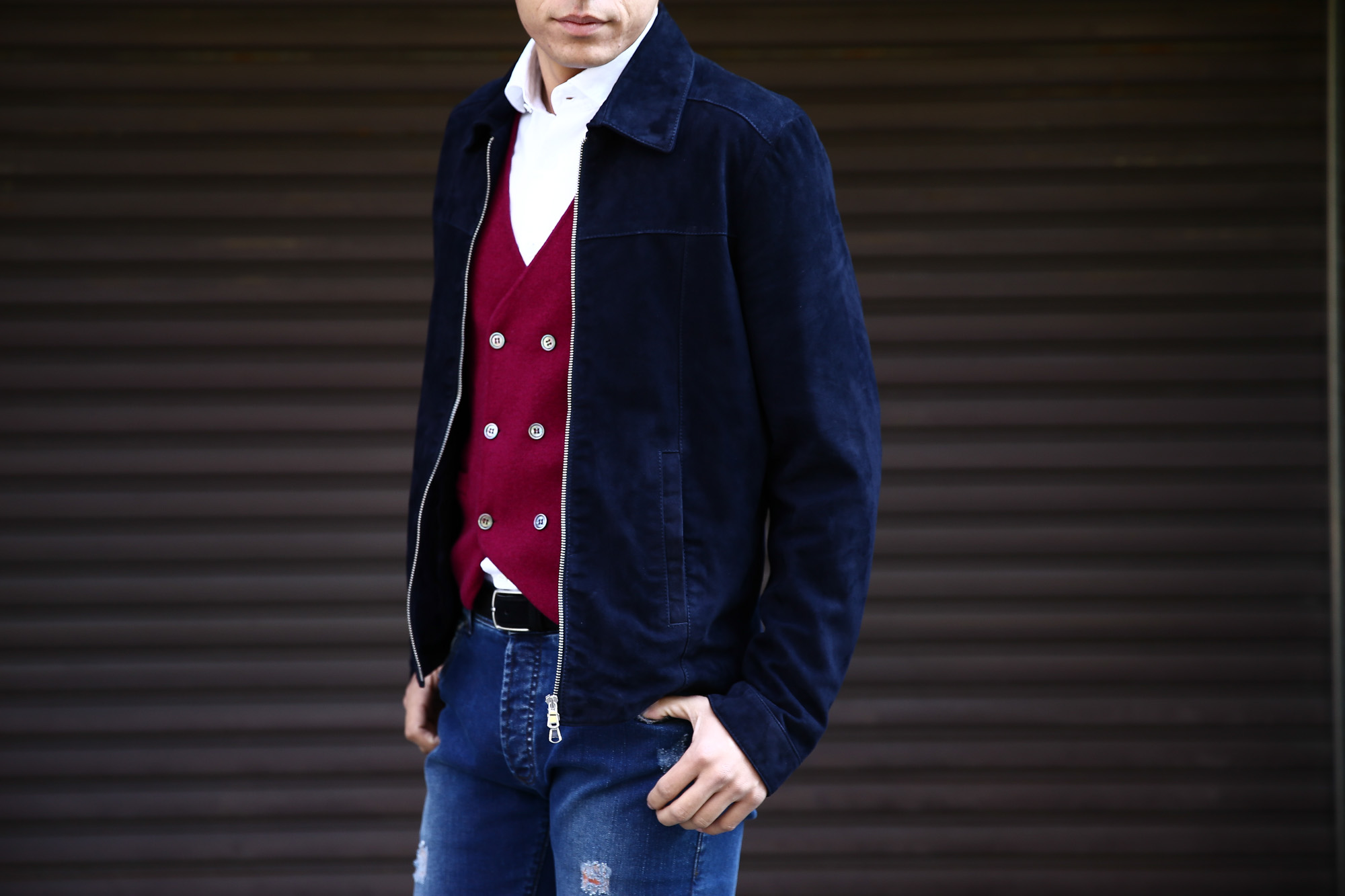 Radice  ラディーチェ 1008 Suede Leather Jacket スエードレザー Suede Lamb Nappa スエードラムナッパレザー SLIM FIT スリムフィット シングルレザージャケット NAVY (ネイビー) MADE IN ITALY(イタリア製) のコーディネートスタイル。愛知 名古屋 Alto e Diritto アルト エ デリット ラディーチェ レザージャケット 42,44,46,48,50,52,54