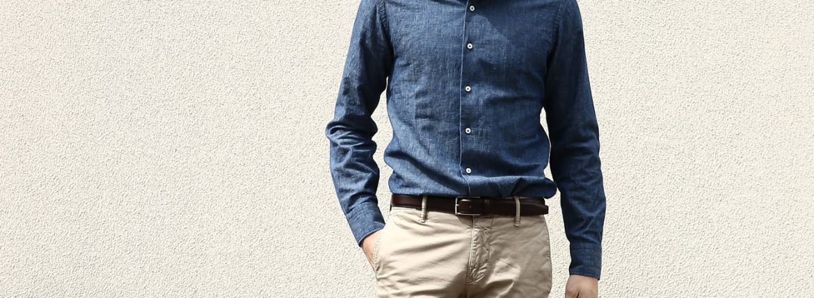 【ALESSANDRO GHERARDI / アレッサンドロゲラルディ】 Chambray Shirts カッタウェイ コットンリネン シャンブレーシャツ NAVY (ネイビー・690) made in italy(イタリア製) 2017春夏新作 のコーディネートスタイル。愛知 名古屋 ZODIAC ゾディアック alessandrogheradi シャンブレーシャツ