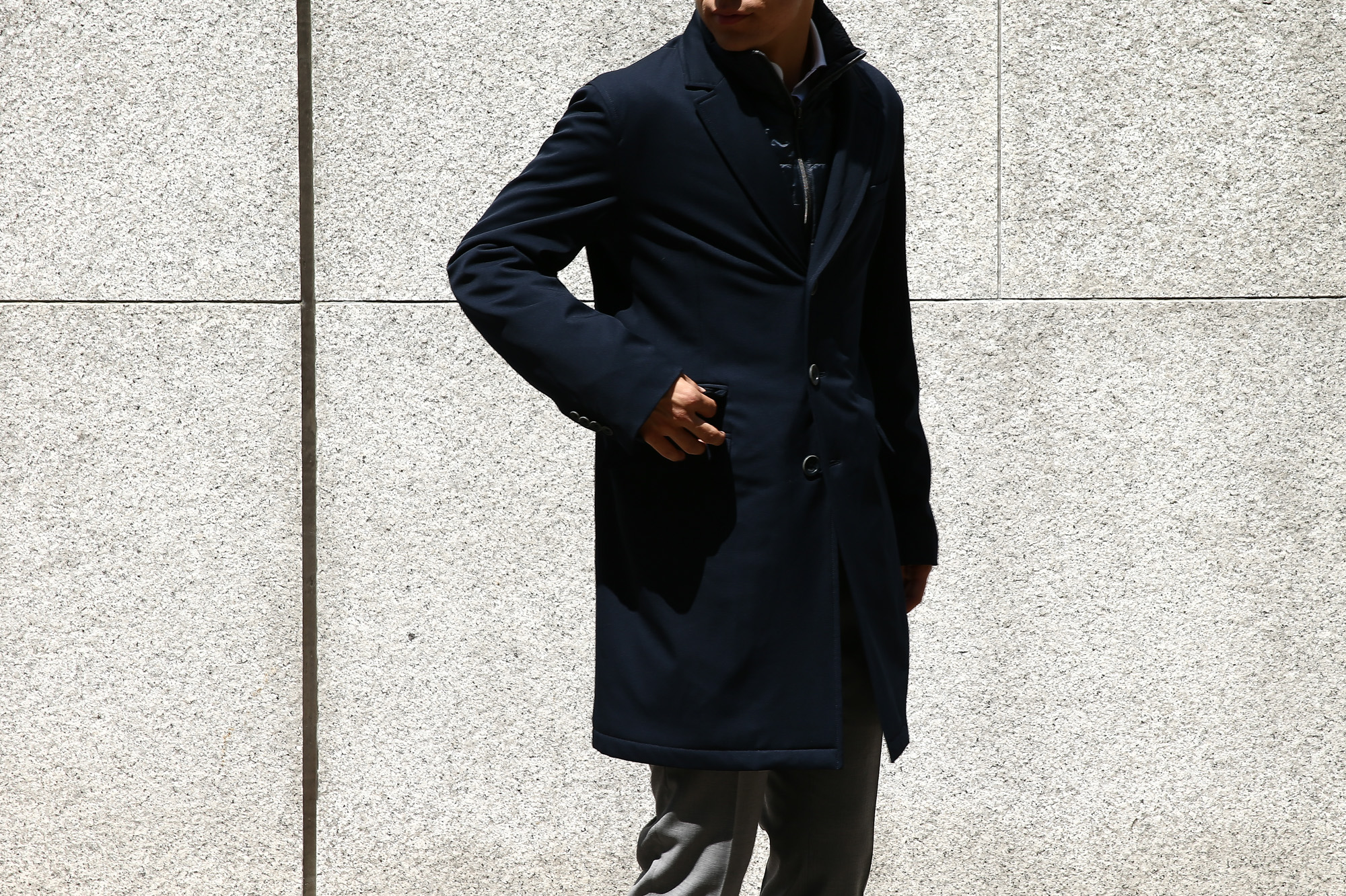 HERNO(ヘルノ) CA0057U Chester coat チェスターコート LoroPiana ロロピアーナ STORM SYSTEM WOOL HERNO TECH 中綿入り ウール チェスターコート NAVY (ネイビー・9290) Made in italy (イタリア製) 2017 秋冬 のコーディネートスタイル。愛知 名古屋 Alto e Diritto アルト エ デリット herno ヘルノ ダウンコート ビジネススタイル