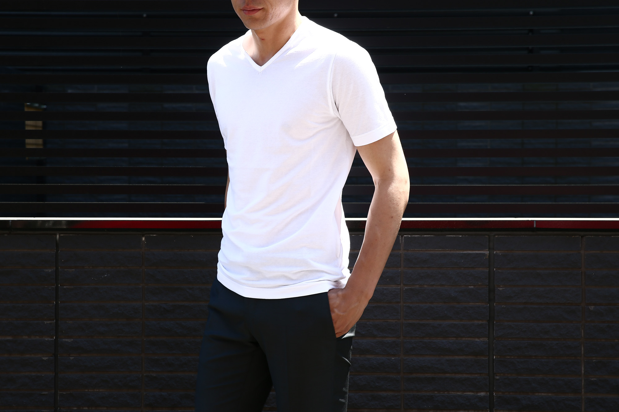 ZANONE (ザノーネ) V-neck T-shirt ice cotton アイスコットン 810237 Z0380 VネックTシャツ WHITE (ホワイト・Z0001)  MADE IN ITALY(イタリア製) 2017 春夏新作 のコーディネートスタイル。愛知 名古屋 Alto e Diritto アルト エ デリット zanone ザノーネ アイスコットン