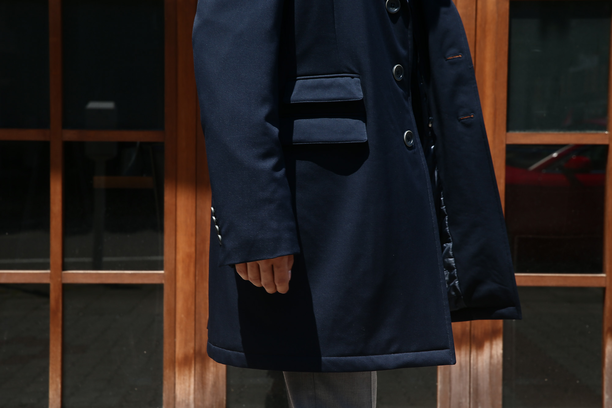 【HERNO / ヘルノ】 CA0057U Chester coat チェスターコート LoroPiana ロロピアーナ STORM SYSTEM WOOL HERNO TECH 中綿入り ウール チェスターコート NAVY (ネイビー・9290) Made in italy (イタリア製) 2017 秋冬　のコーディネートスタイル。愛知 名古屋 Alto e Diritto アルト エ デリット herno ヘルノ ダウンコート ビジネススタイル