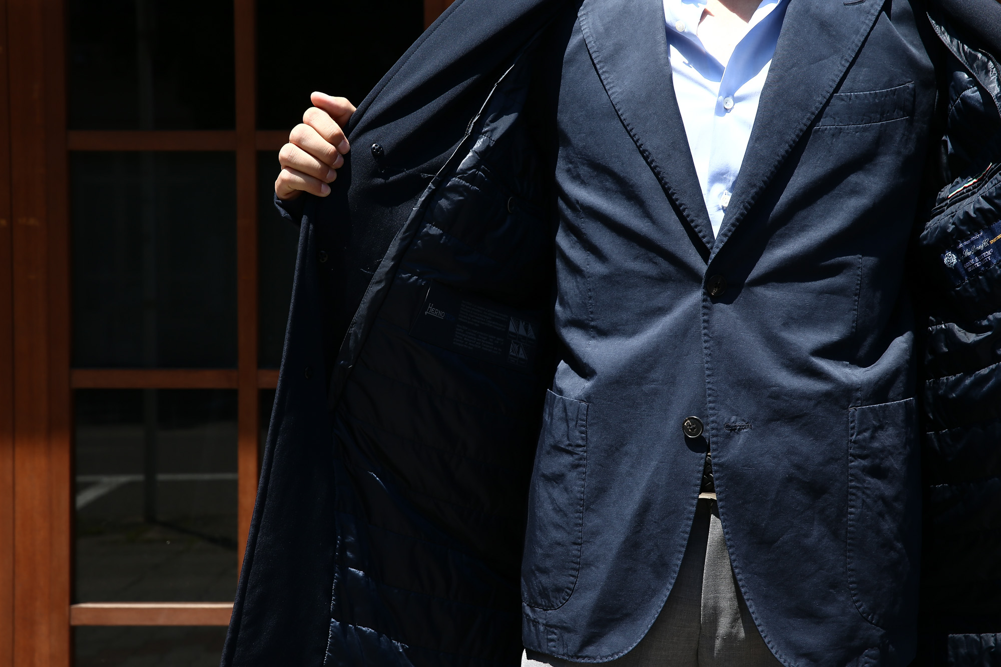 【HERNO / ヘルノ】 CA0057U Chester coat チェスターコート LoroPiana ロロピアーナ STORM SYSTEM WOOL HERNO TECH 中綿入り ウール チェスターコート NAVY (ネイビー・9290) Made in italy (イタリア製) 2017 秋冬　のコーディネートスタイル。愛知 名古屋 Alto e Diritto アルト エ デリット herno ヘルノ ダウンコート ビジネススタイル