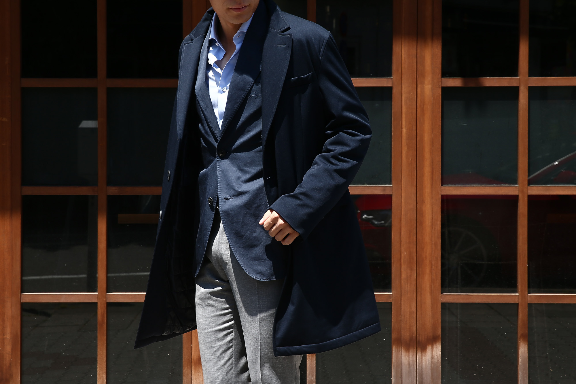 【HERNO / ヘルノ】 CA0057U Chester coat チェスターコート LoroPiana ロロピアーナ STORM SYSTEM WOOL HERNO TECH 中綿入り ウール チェスターコート NAVY (ネイビー・9290) Made in italy (イタリア製) 2017 秋冬　のコーディネートスタイル。愛知 名古屋 Alto e Diritto アルト エ デリット herno ヘルノ ダウンコート ビジネススタイル