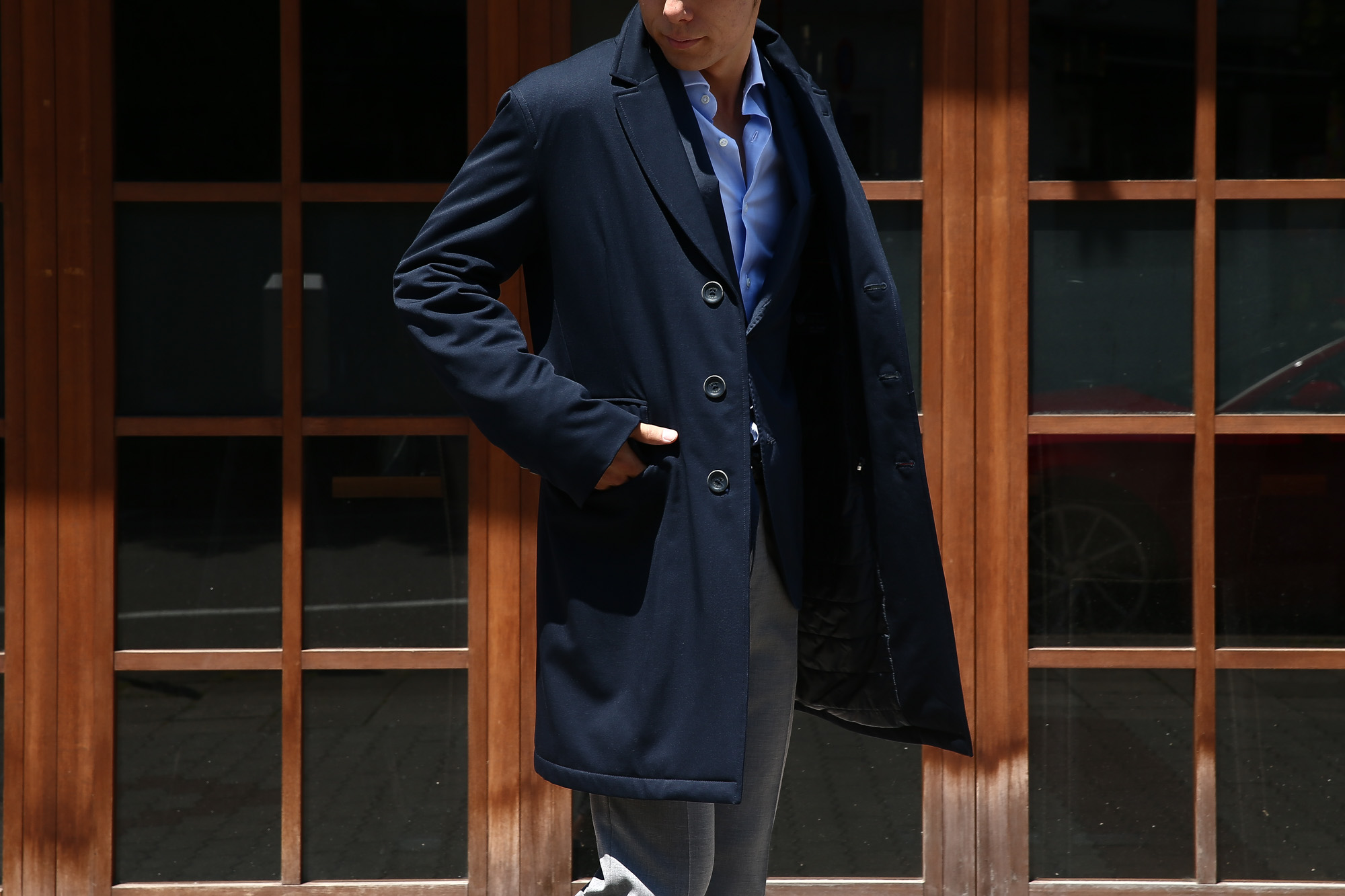 【HERNO / ヘルノ】 CA0057U Chester coat チェスターコート LoroPiana ロロピアーナ STORM SYSTEM WOOL HERNO TECH 中綿入り ウール チェスターコート NAVY (ネイビー・9290) Made in italy (イタリア製) 2017 秋冬　のコーディネートスタイル。愛知 名古屋 Alto e Diritto アルト エ デリット herno ヘルノ ダウンコート ビジネススタイル