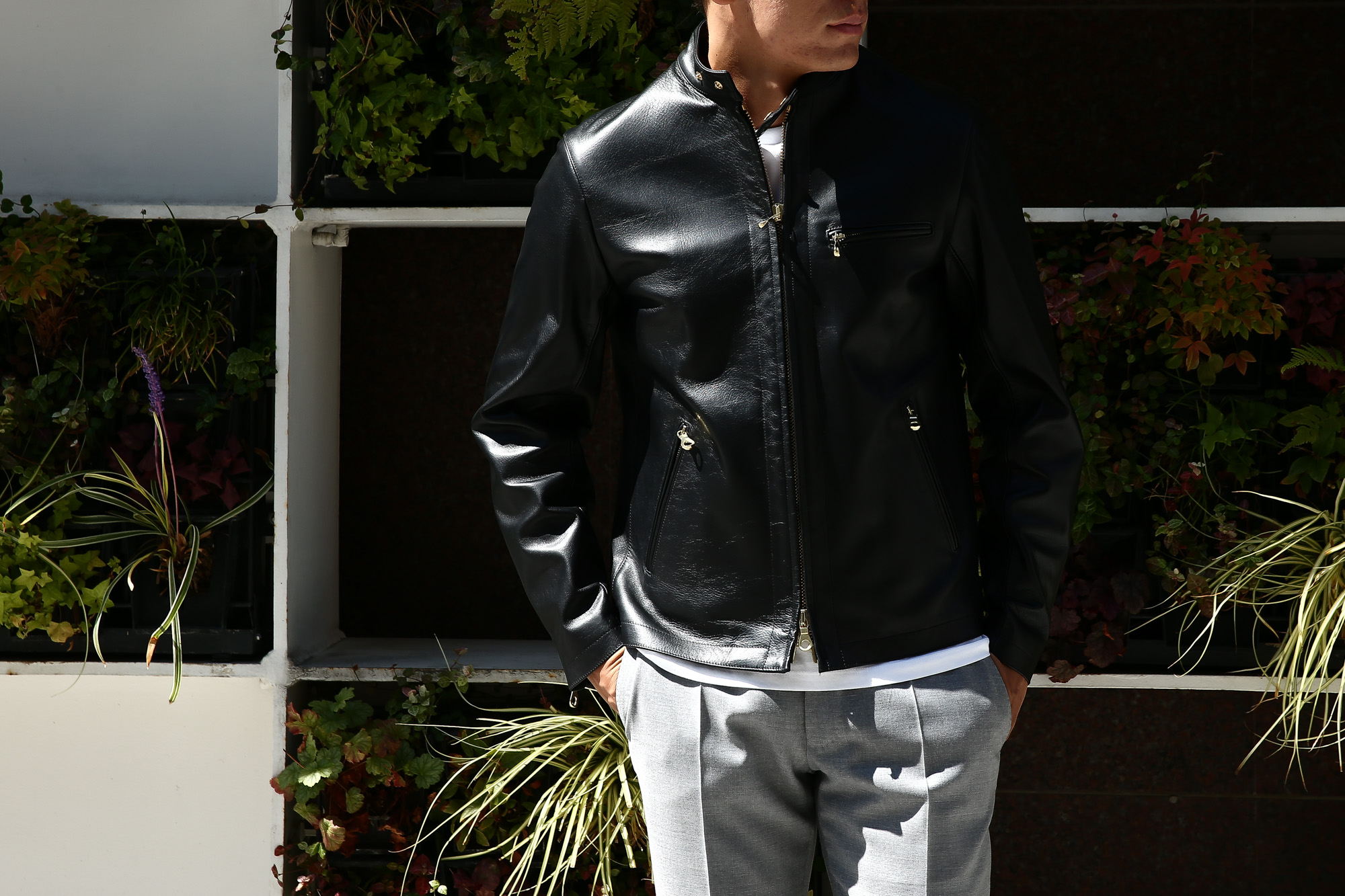 【CINQUANTA // チンクアンタ】 6621/1 STAND COLLAR RIDERS CAVALLO (スタンド カラー ジャケット) HORSE LEATHER ホースレザー シングル ライダース ジャケット BLACK (ブラック・999) Made in italy (イタリア製) 2017 秋冬新作 コーディネートスタイル 。cinquanta チンクアンタ レザージャケット 愛知 名古屋 Alto e Diritto アルト エ デリット