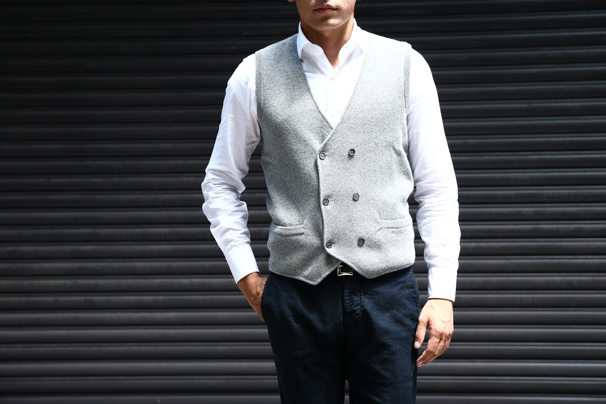 Settefili Cashmere (セッテフィーリ カシミア) Gilet con bottoni (ニットダブルベスト) ハイゲージ ニット ジレ GRAY (グレー・MC009) made in italy (イタリア製) 2017 秋冬新作 settefilicashmere セッテフィーリカシミア ニットベスト ニットジレ 愛知 名古屋 Alto e Diritto アルト エ デリット