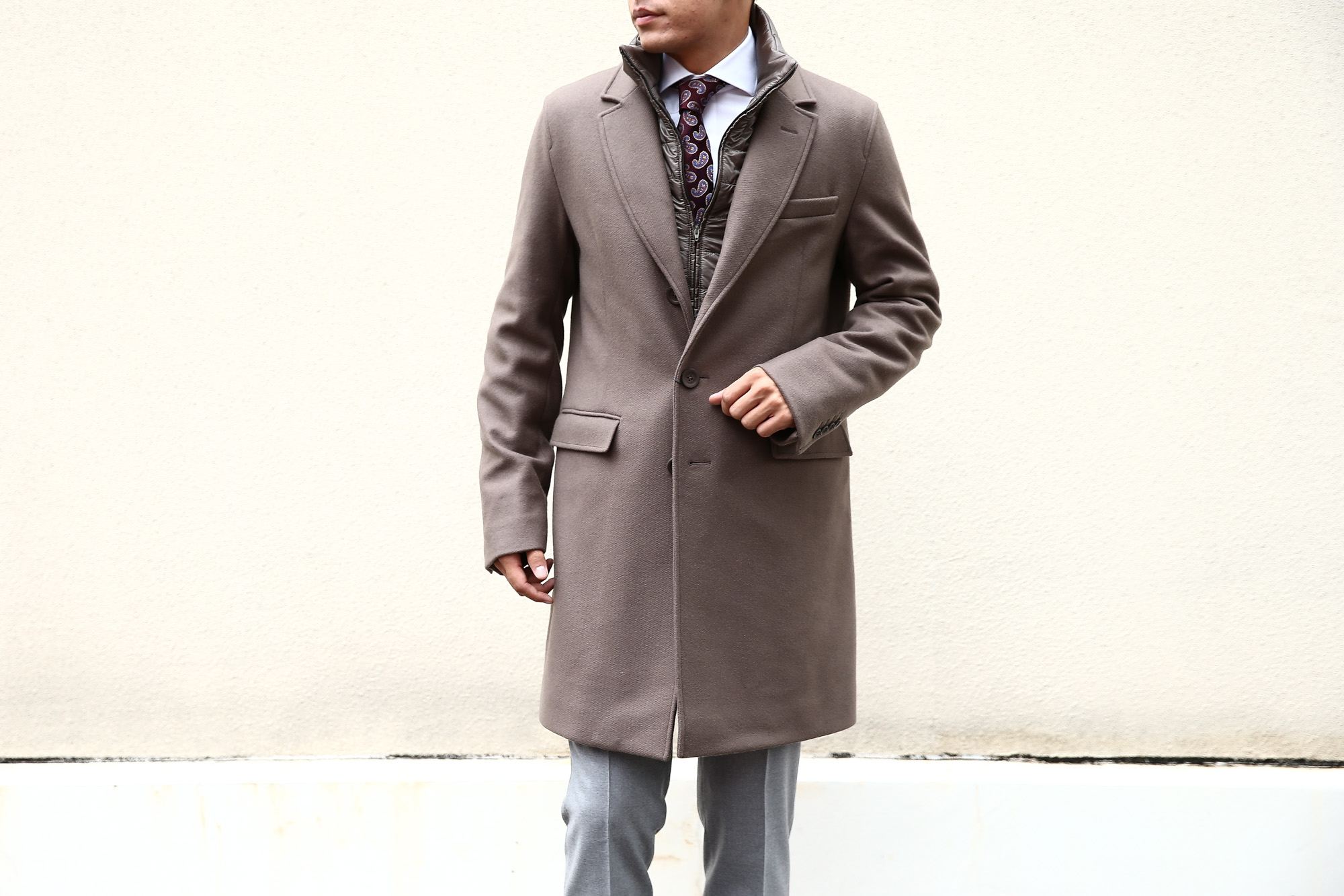 【HERNO / ヘルノ】 CA0045U Chester coat チェスターコート LANA DIAGONALE NYLON ULTRALIGHT 中綿入り ウールチェスターコート LIGHT BROWN (ライトブラウン・2700) Made in italy (イタリア製) 2017 秋冬新作　愛知 名古屋 Alto e Diritto アルト エ デリット herno ヘルノ ダウンコート ビジネススタイル