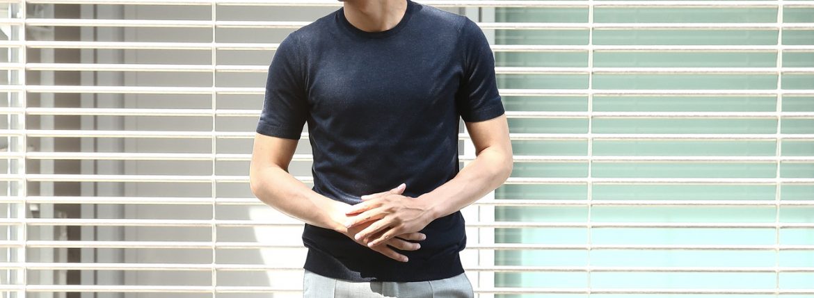 Gran Sasso (グランサッソ) Silk Knit T-shirt (シルクニット Tシャツ) SETA (シルク 100%) ショートスリーブ シルク ニット Tシャツ NAVY (ネイビー・597) made in italy (イタリア製) 2018 春夏新作 gransasso グランサッソ 愛知 名古屋 ZODIAC ゾディアック 44,46,48,50,52,54