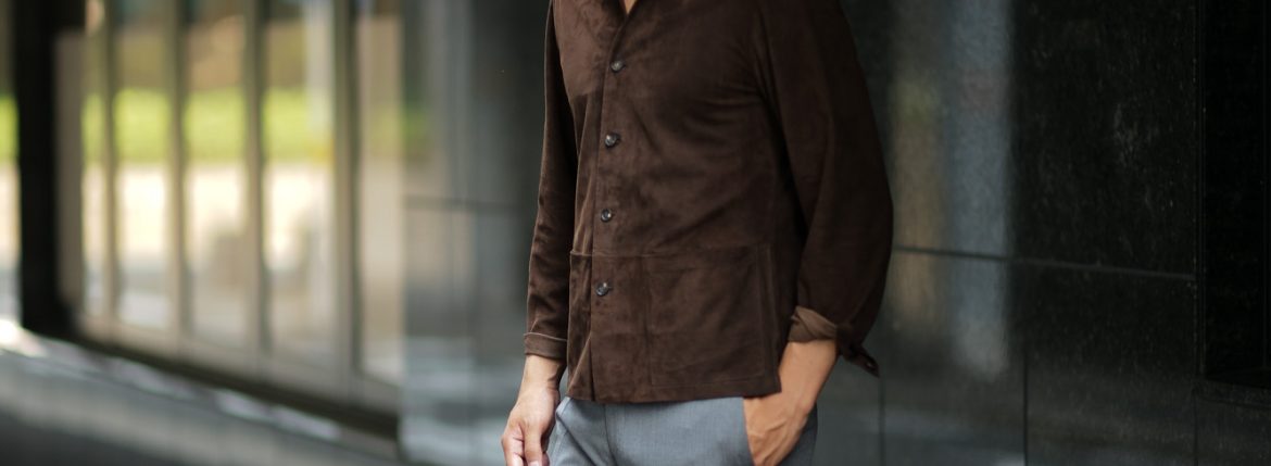 Alfredo Rifujio (アルフレード リフージオ) SS326 CAMOSCIO Summer Suede Leather Shirts サマースウェード レザーシャツ BROWN (ブラウン) made in italy (イタリア製) 2019 春夏 alfredorifujio アルフレードリフージオ 愛知 名古屋 ZODIAC ゾディアック alto e diritto アルトエデリット レザージャケット 素肌にレザー 42,44,46,48,50,52