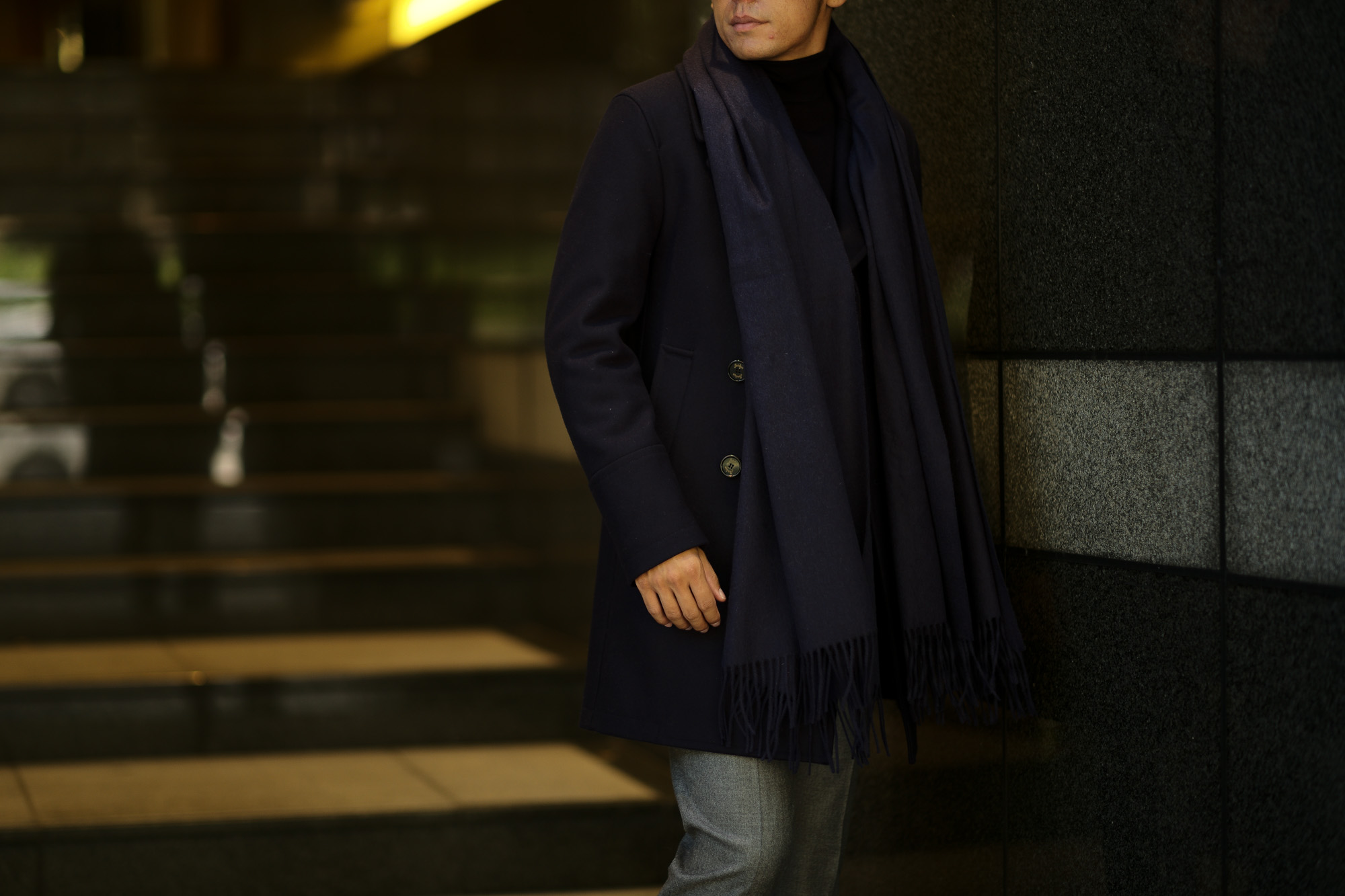 Johnstons (ジョンストンズ) WA56 STOLE Cashmere 100% カシミア 大判 ストール Navy (ネイビー・SD0707) Made in Scotland (スコットランド製) 2018 秋冬新作 愛知　名古屋 alto e diritto アルトエデリット altoediritto