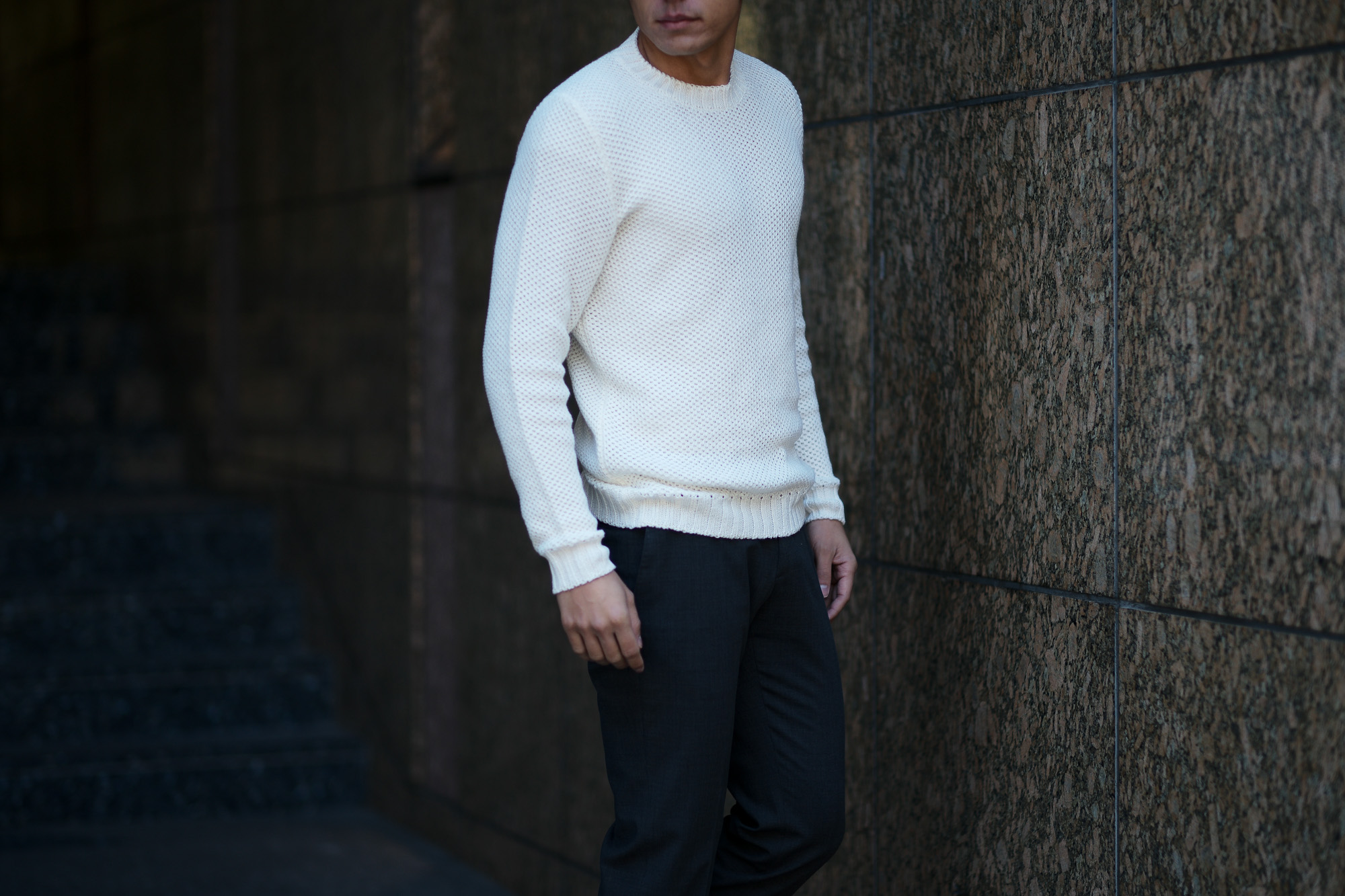 Settefili Cashmere (セッテフィーリ カシミア) Girocollo Nido D Ape (メッシュ クルーネック セーター) リネンコットン サマーニット セーター OFF WHITE (オフホワイト・MA05)  made in italy (イタリア製) 2019 春夏新作 settefilicashmere セッテフィーリカシミア 愛知 名古屋 東京 大阪 alto e diritto アルトエデリット