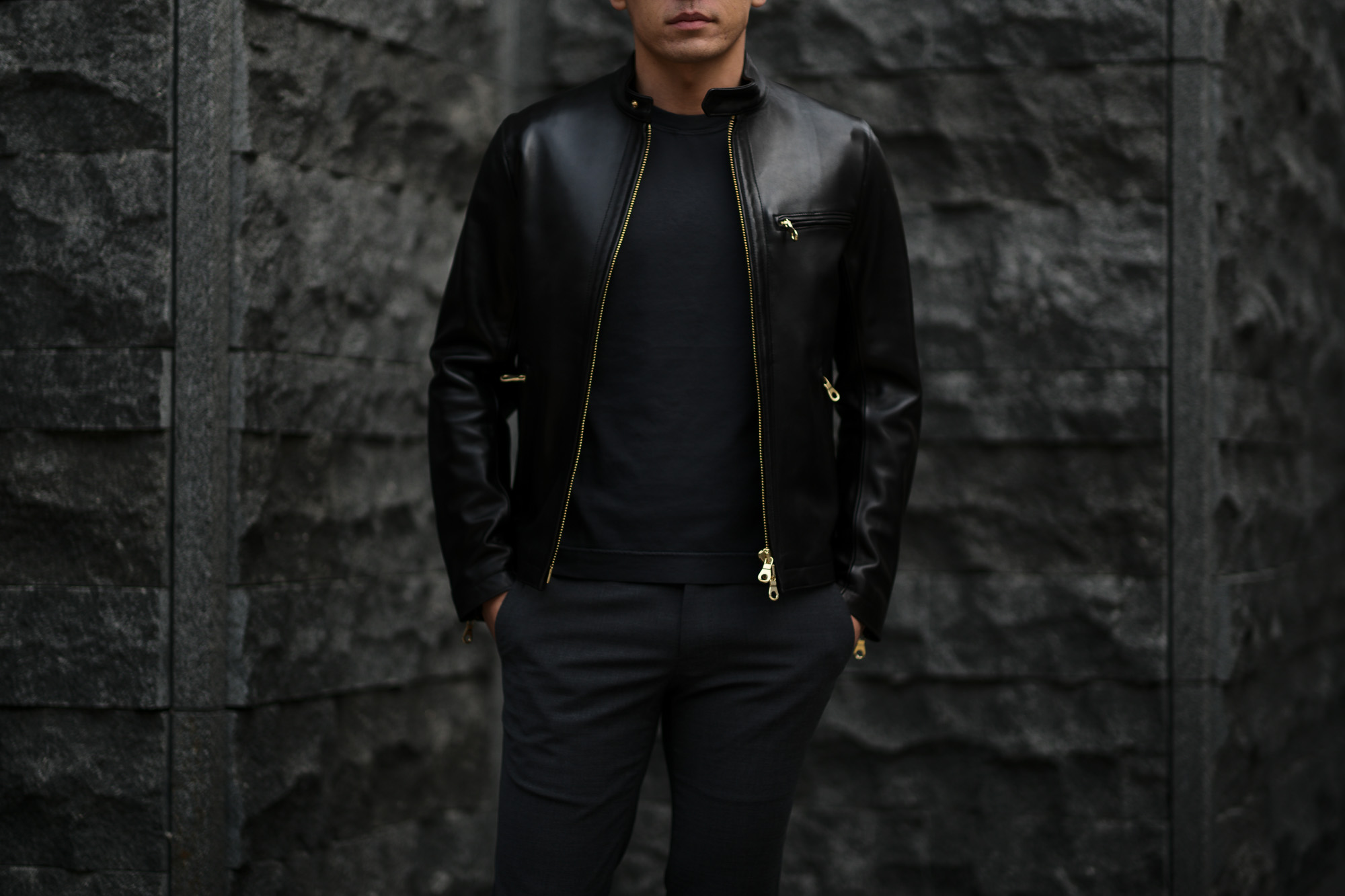 CINQUANTA(チンクアンタ) H502 STAND COLLAR RIDERS (スタンド カラー ジャケット) NAPPA LEATHER ナッパレザー シングル ライダース ジャケット BLACK GOLD (ブラック ゴールド・999) Made in italy (イタリア製) 2019 秋冬 【第1便ご予約受付中】 cinquanta チンクアンタ レザージャケット 愛知 名古屋 Alto e Diritto アルト エ デリット　アルトエデリット