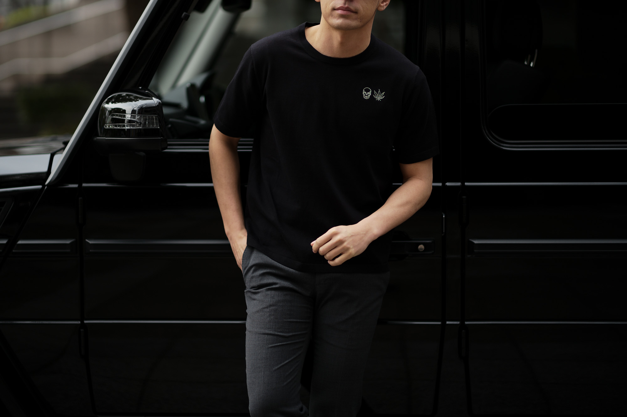 lucien pellat-finet (ルシアン ペラフィネ) SKULL & LEAF ON CHEST ROUND NECK SHORT SLEEVE PULLOVER スカル & リーフ コットン ニット Tシャツ BLACK (ブラック) 2019 春夏新作 lucienpellatfinet 愛知 名古屋 altoediritto アルトエデリット