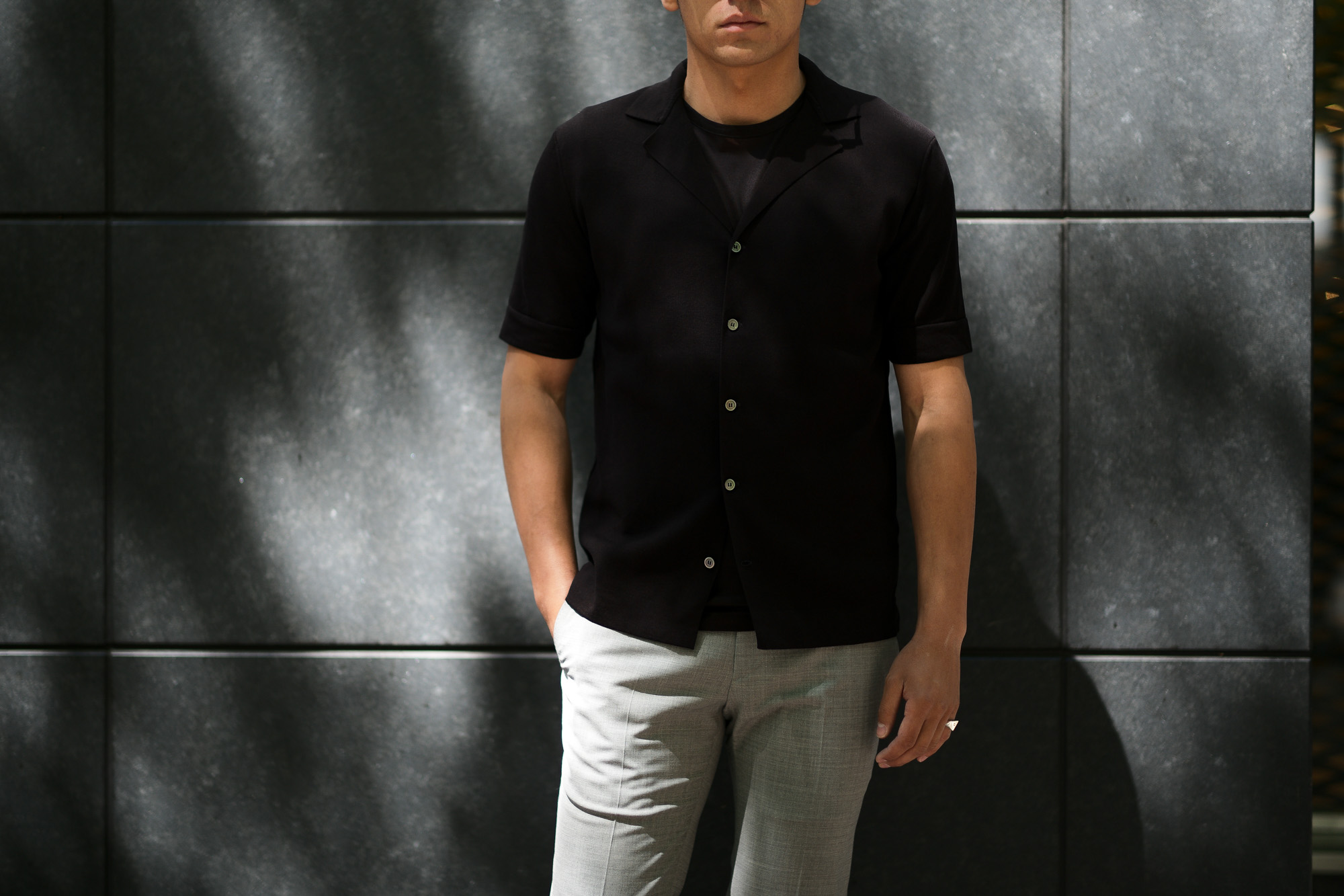 LARDINI (ラルディーニ) Milano Rib Knit Shirts (ミラノリブ ニット シャツ) コットン ミラノリブ オープンカラー ニット シャツ BLACK (ブラック・999) Made in italy (イタリア製) 2019 春夏新作 愛知 名古屋 altoediritto アルトエデリット