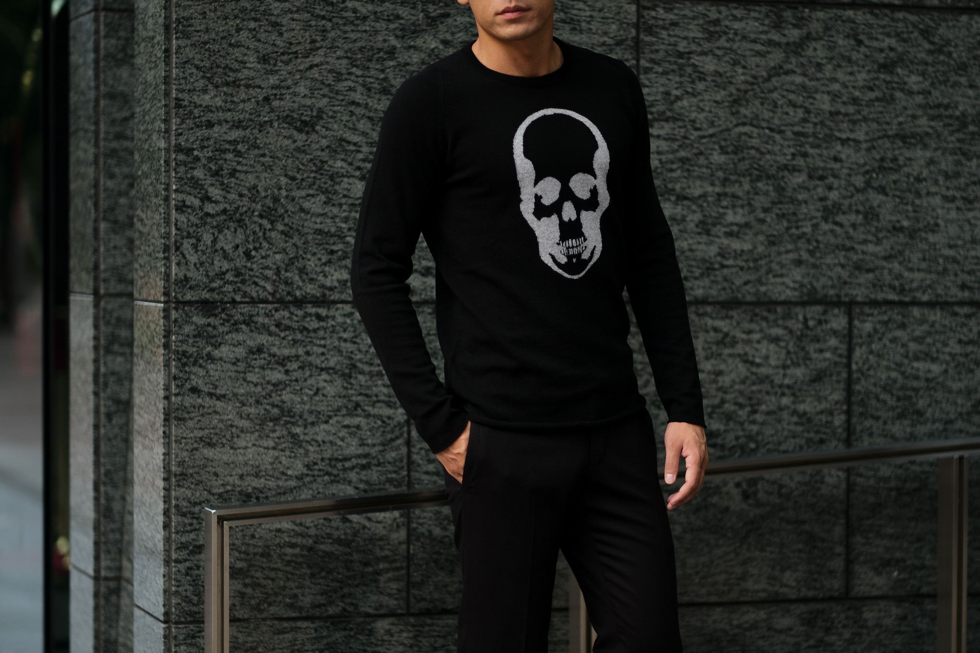 lucien pellat-finet (ルシアン ペラフィネ) Skull Cashmere Sweater (スカル カシミア セーター) インターシャ カシミア スカル セーター BLACK × GRAY (ブラック × グレー) made in scotland (スコットランド製) 2019 秋冬新作 lucienpellatfinet ルシアンペラフィネ 愛知 名古屋 altoediritto アルトエデリット