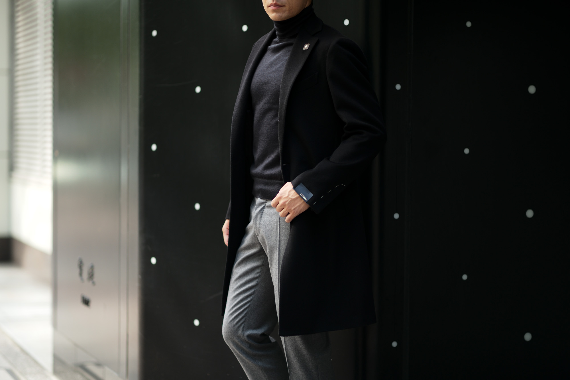 LARDINI (ラルディーニ) Cashmere Spolverino Chester coat (カシミヤ スポルベリーノ チェスターコート) カシミヤフラノ生地 シングル チェスターコート BLACK (ブラック・4) Made in italy (イタリア製) 2019 秋冬新作 愛知 名古屋 Altoediritto アルトエデリット コート ロングコート