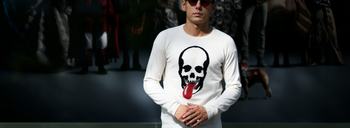 lucien pellat-finet (ルシアン ペラフィネ) Skull Tongue Cashmere Sweater (スカル タン カシミア セーター) インターシャ カシミア スカル セーター NIVEOUS × BLACK (ホワイト × ブラック) made in scotland (スコットランド製) 2019 秋冬新作 愛知 名古屋 altoediritto アルトエデリット