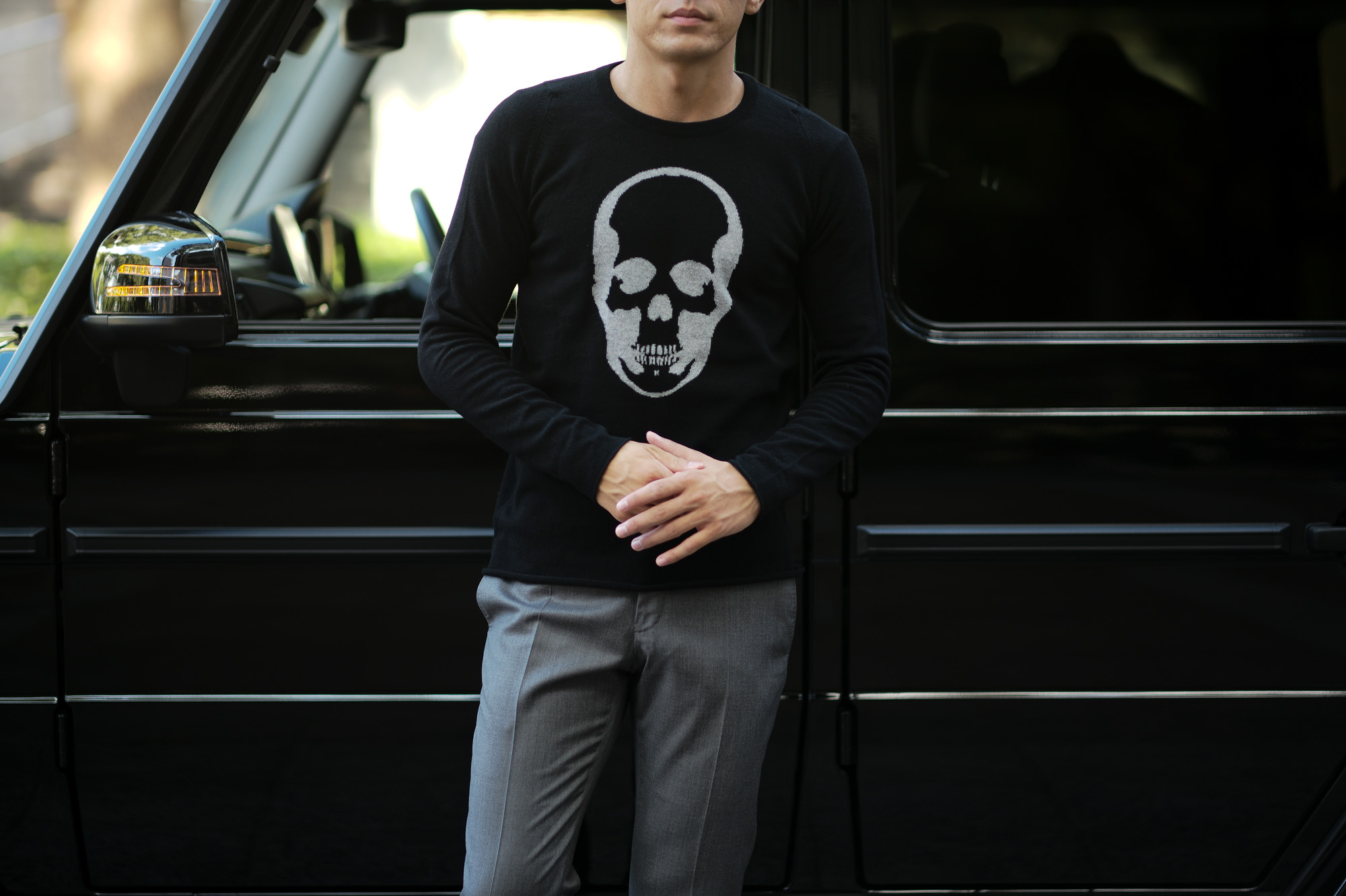 lucien pellat-finet (ルシアン ペラフィネ) Skull Cashmere Sweater (スカル カシミア セーター) インターシャ カシミア スカル セーター BLACK × GRAY (ブラック × グレー) made in scotland (スコットランド製) 2019 秋冬新作 lucienpellatfinet ルシアンペラフィネ 愛知 名古屋 altoediritto アルトエデリット