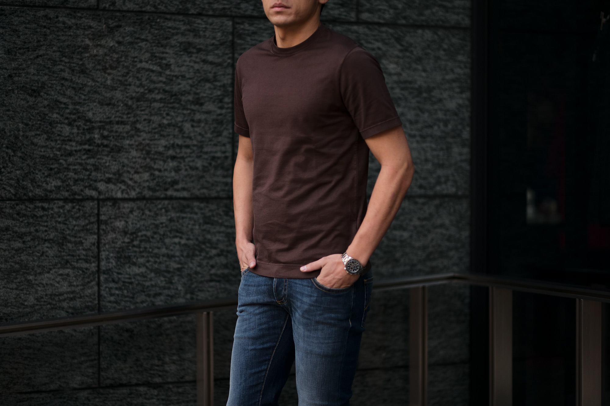 FEDELI(フェデーリ) Crew Neck T-shirt (クルーネック Tシャツ) ギザコットン Tシャツ BROWN (ブラウン