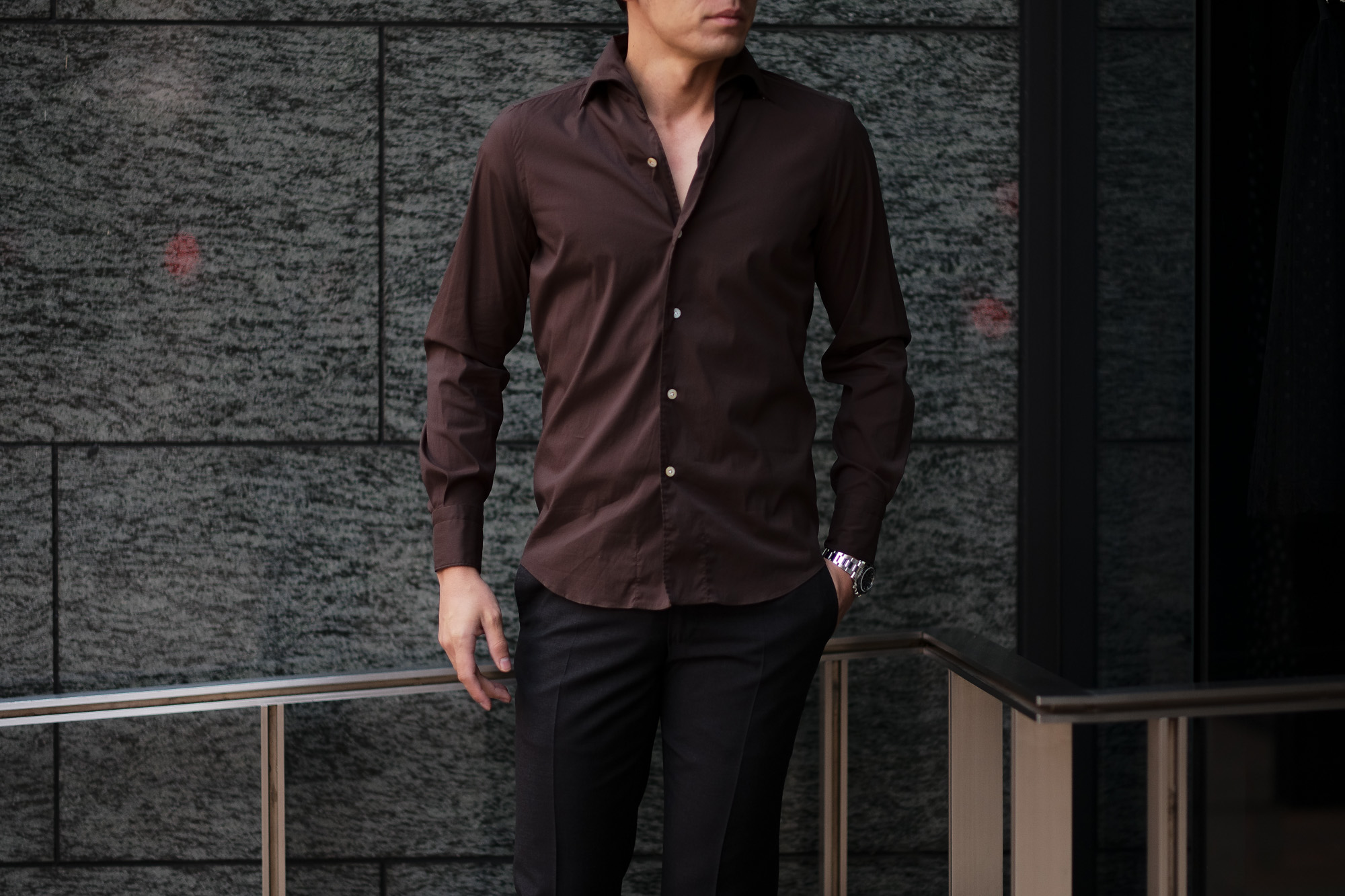 Finamore (フィナモレ) SEUL ITALIAN COLOR STRETCH COTTON SHIRTS ストレッチコットン ワンピースカラー シャツ BROWN (ブラウン) made in italy (イタリア製) 2020 春夏新作 愛知 名古屋 altoediritto アルトエデリット シャツ