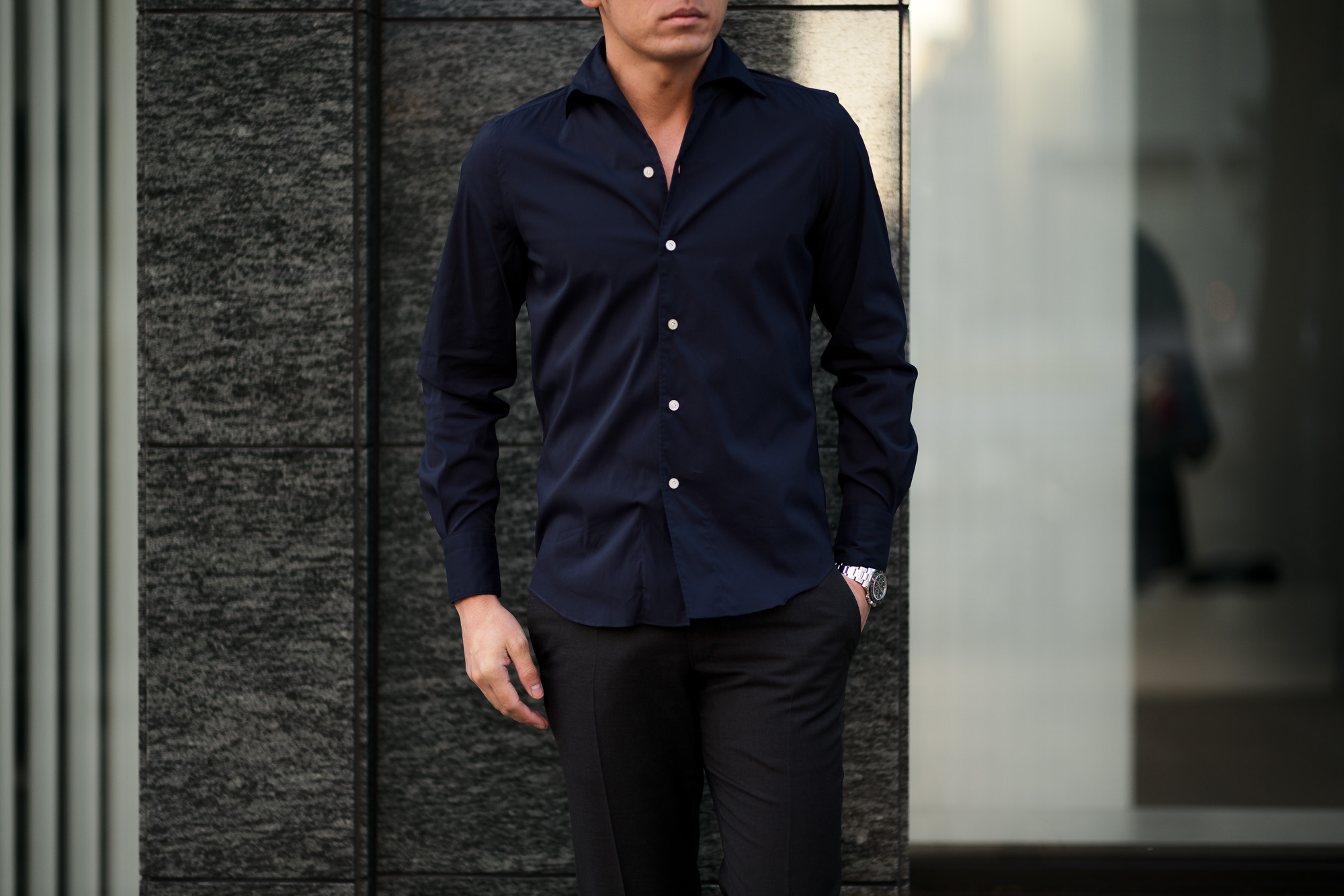 Finamore (フィナモレ) SEUL ITALIAN COLOR STRETCH COTTON SHIRTS ストレッチコットン ワンピースカラー シャツ NAVY (ネイビー) made in italy (イタリア製) 2020 春夏新作 愛知 名古屋 altoediritto アルトエデリット シャツ