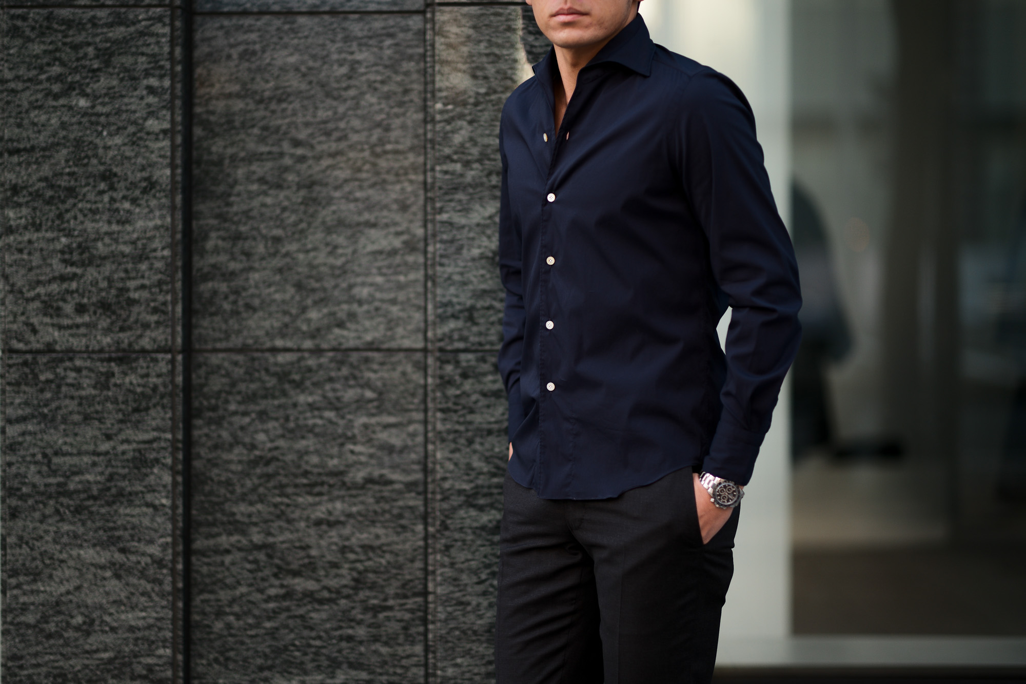 Finamore (フィナモレ) SEUL ITALIAN COLOR STRETCH COTTON SHIRTS ストレッチコットン ワンピースカラー シャツ NAVY (ネイビー) made in italy (イタリア製) 2020 春夏新作 愛知 名古屋 altoediritto アルトエデリット シャツ