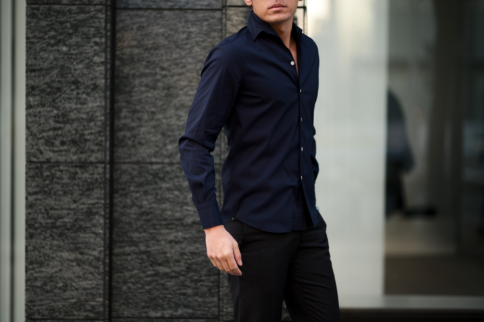 Finamore (フィナモレ) SEUL ITALIAN COLOR STRETCH COTTON SHIRTS ストレッチコットン ワンピースカラー シャツ NAVY (ネイビー) made in italy (イタリア製) 2020 春夏新作 愛知 名古屋 altoediritto アルトエデリット シャツ