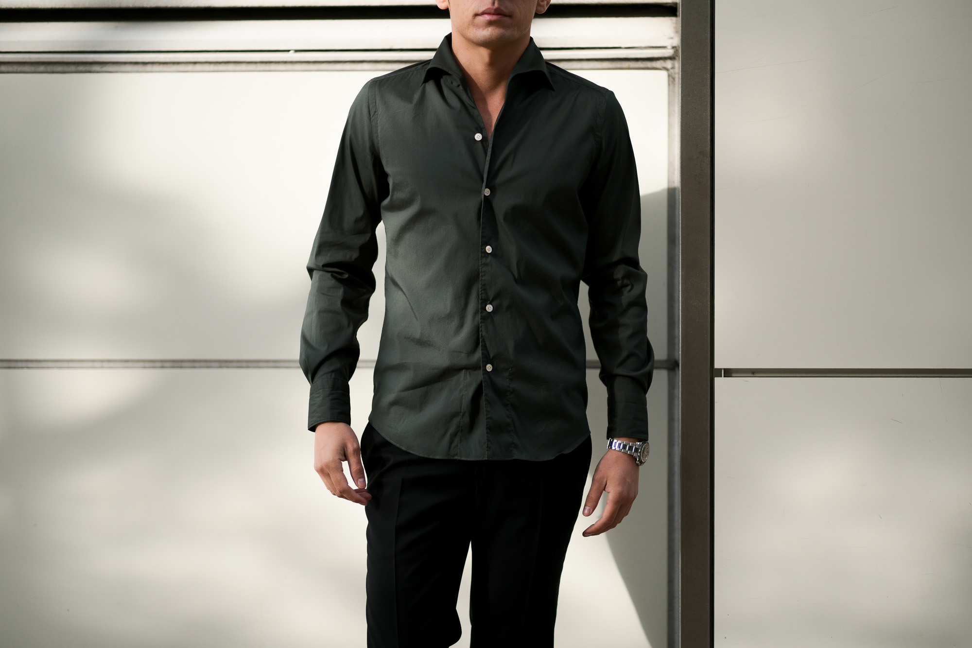 Finamore (フィナモレ) SEUL ITALIAN COLOR STRETCH COTTON SHIRTS ストレッチコットン ワンピースカラー シャツ OLIVE (オリーブ) made in italy (イタリア製) 2020 春夏新作  愛知 名古屋 altoediritto アルトエデリット シャツ