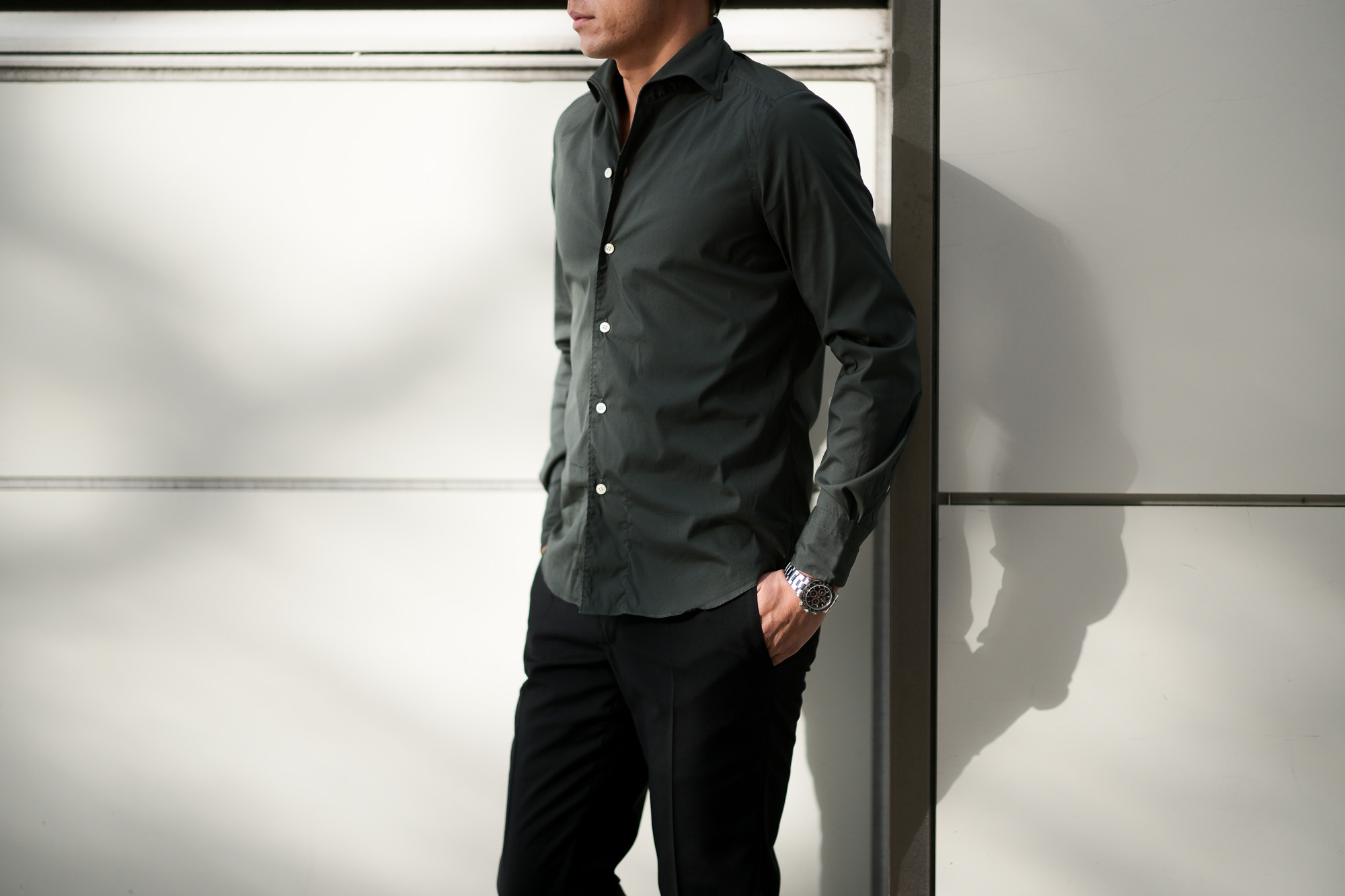 Finamore (フィナモレ) SEUL ITALIAN COLOR STRETCH COTTON SHIRTS ストレッチコットン ワンピースカラー シャツ OLIVE (オリーブ) made in italy (イタリア製) 2020 春夏新作  愛知 名古屋 altoediritto アルトエデリット シャツ