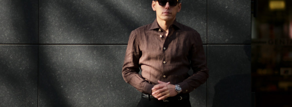 AVINO Laboratorio Napoletano(アヴィーノ・ラボラトリオ・ナポレターノ) Linen Dress Shirts (リネン ドレス シャツ) リネン100% ワイドカラー シャツ BROWN (ブラウン) made in italy (イタリア製) 2020 春夏 【ご予約受付中】 愛知 名古屋 altoediritto アルトエデリット リネンシャツ