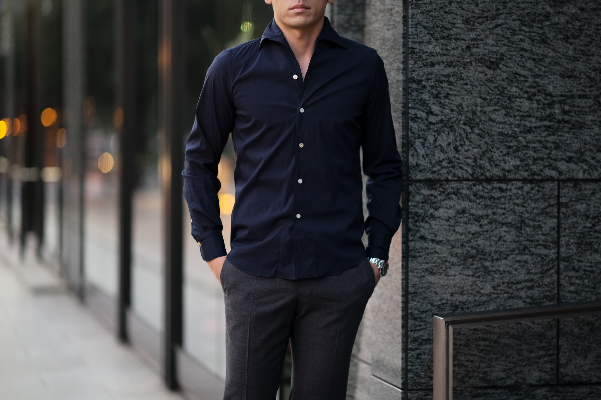 Finamore (フィナモレ) SEUL ITALIAN COLOR STRETCH COTTON SHIRTS ストレッチコットン ワンピースカラー シャツ NAVY (ネイビー) made in italy (イタリア製) 2020 春夏新作 愛知 名古屋 altoediritto アルトエデリット シャツ