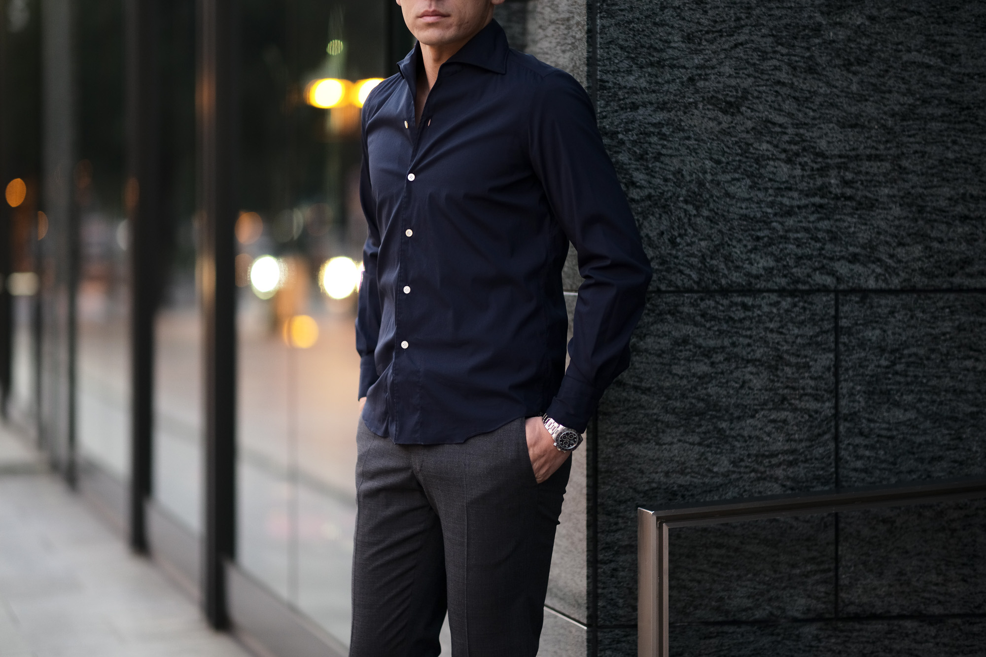 Finamore (フィナモレ) SEUL ITALIAN COLOR STRETCH COTTON SHIRTS ストレッチコットン ワンピースカラー シャツ NAVY (ネイビー) made in italy (イタリア製) 2020 春夏新作 愛知 名古屋 altoediritto アルトエデリット シャツ