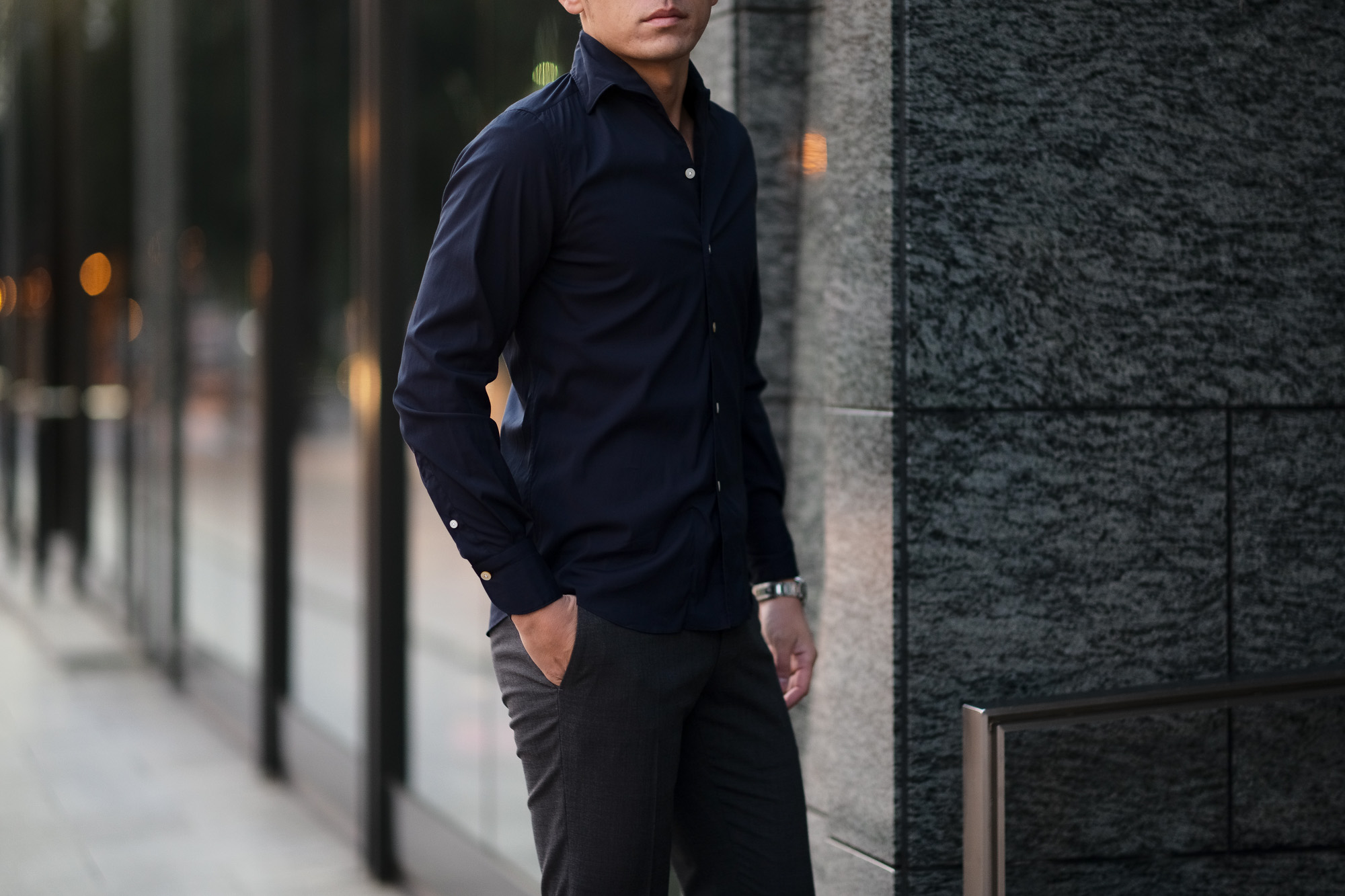 Finamore (フィナモレ) SEUL ITALIAN COLOR STRETCH COTTON SHIRTS ストレッチコットン ワンピースカラー シャツ NAVY (ネイビー) made in italy (イタリア製) 2020 春夏新作 愛知 名古屋 altoediritto アルトエデリット シャツ