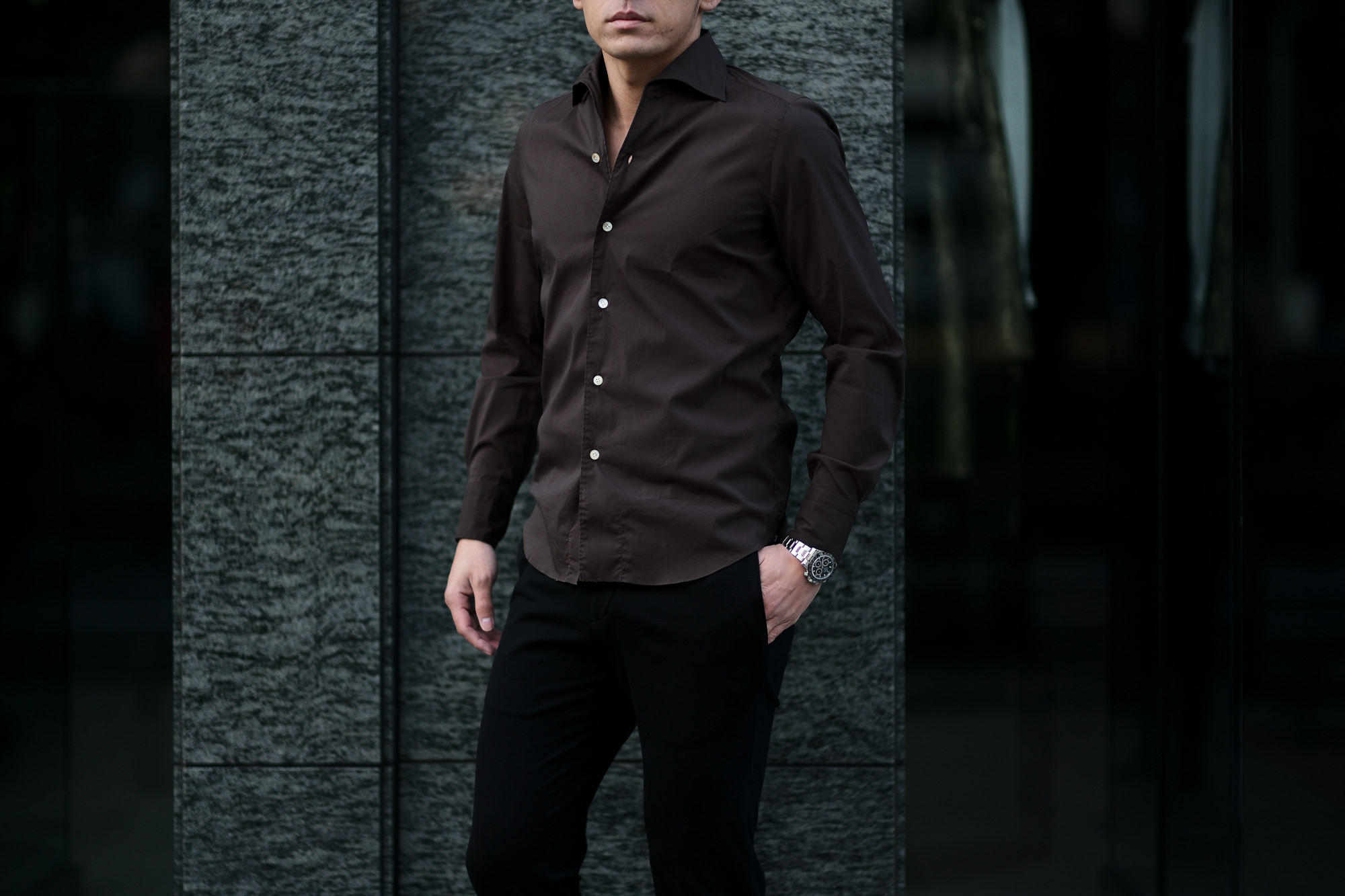 Finamore (フィナモレ) SEUL ITALIAN COLOR STRETCH COTTON SHIRTS ストレッチコットン ワンピースカラー シャツ BROWN (ブラウン) made in italy (イタリア製) 2020 春夏新作 愛知 名古屋 altoediritto アルトエデリット シャツ