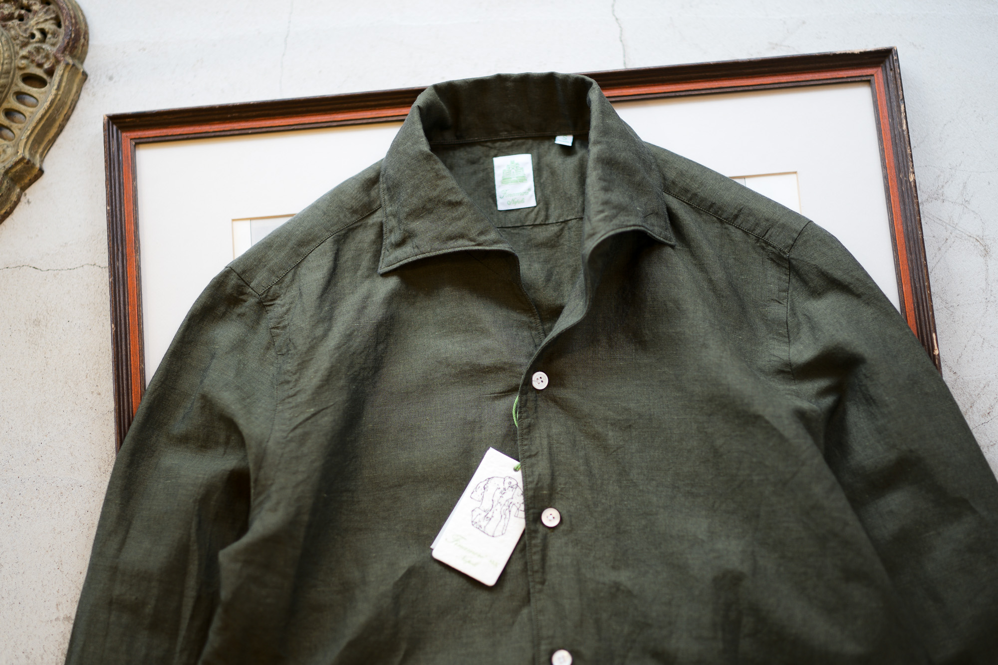 Finamore (フィナモレ) SEUL ITALIAN COLOR COTTON LINEN SHIRTS コットンリネン ワンピースカラー シャツ OLIVE (オリーブ・14) made in italy (イタリア製) 2020 春夏新作 愛知 名古屋 altoediritto アルトエデリット