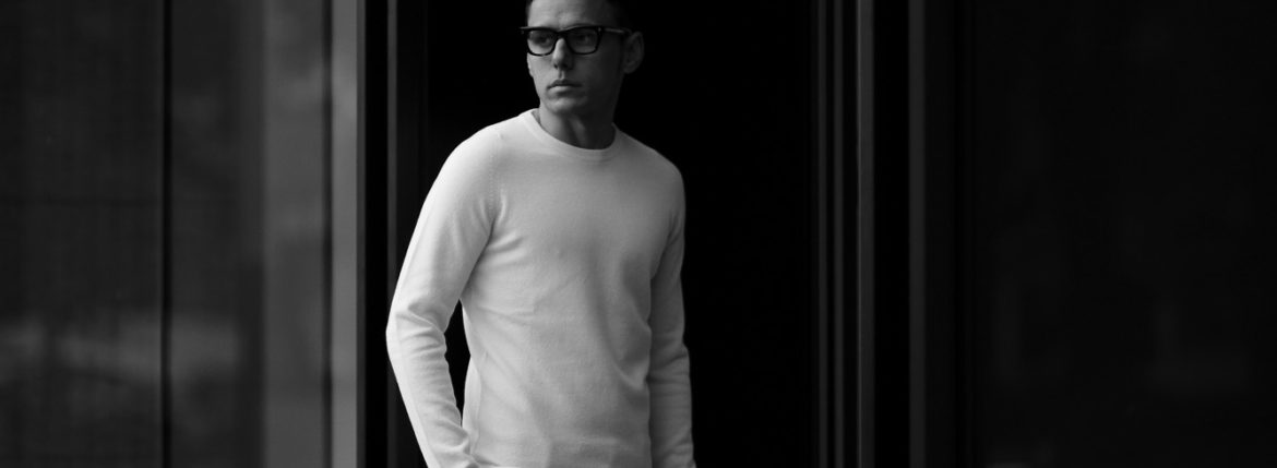 lucien pellat-finet(ルシアン ペラフィネ) Cashmere Crew Neck Sweater カシミア クルーネック セーター NIVEOUS (ホワイト) made in scotland (スコットランド製) 2020 春夏新作 愛知 名古屋 altoediritto アルトエデリット lucienpellatfinet インターシャ 無地