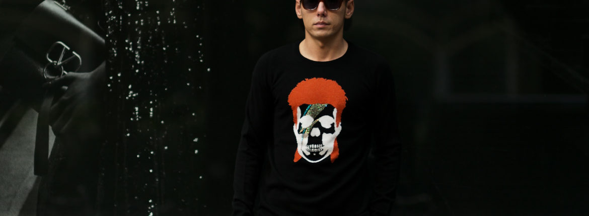 lucien pellat-finet(ルシアン ペラフィネ) David Bowie Skull Cashmere Sweater (デヴィッド ボウイ スカル カシミア セーター) インターシャ カシミア スカル セーター BLACK × NIVEOUS (ブラック × ホワイト) 愛知 名古屋 altoediritto アルトエデリット