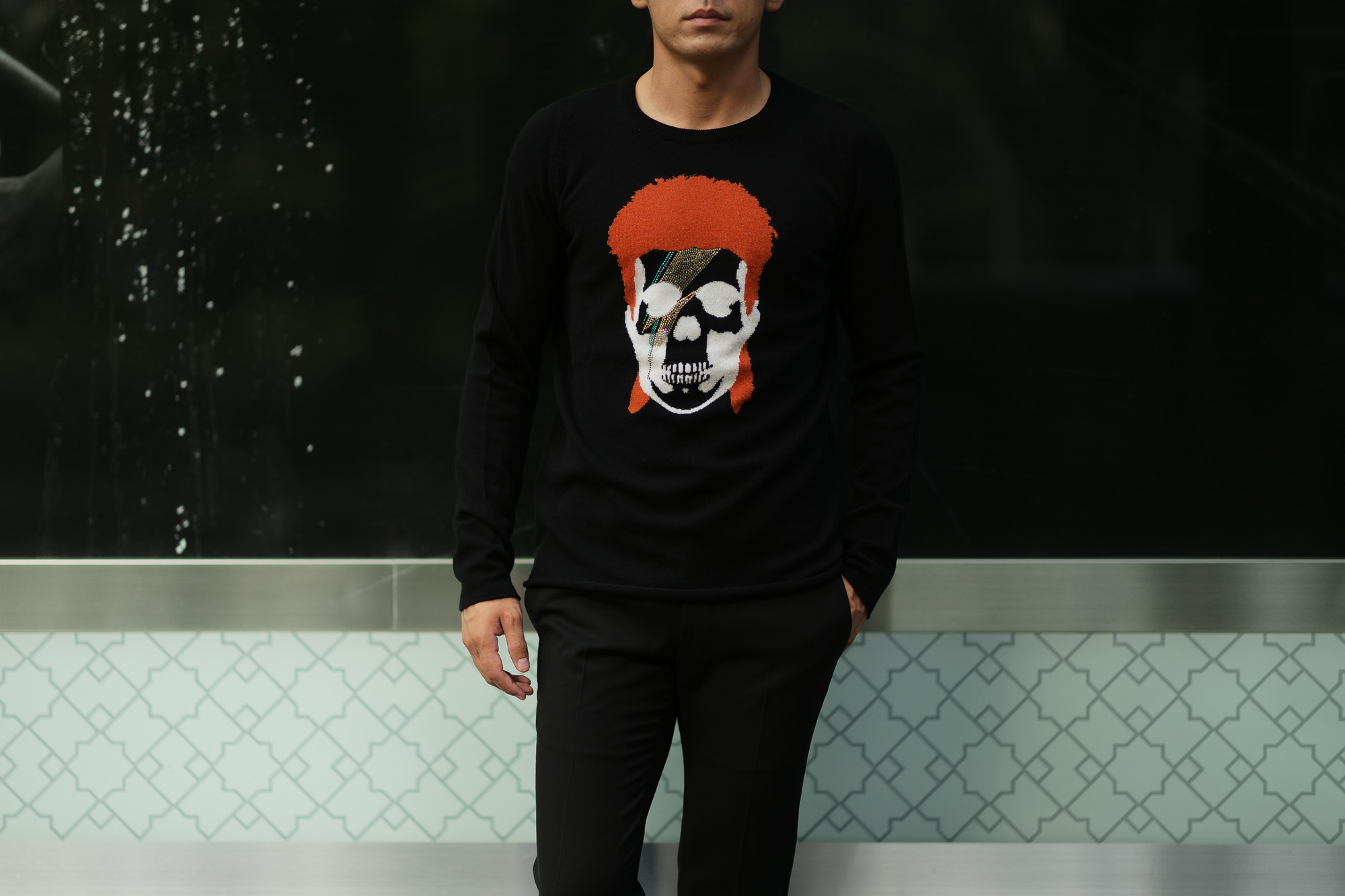 lucien pellat-finet(ルシアン ペラフィネ) David Bowie Skull Cashmere Sweater (デヴィッド ボウイ スカル カシミア セーター) インターシャ カシミア スカル セーター BLACK × NIVEOUS (ブラック × ホワイト) 愛知 名古屋 altoediritto アルトエデリット