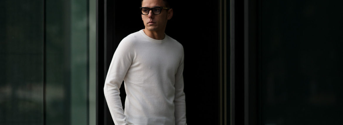 lucien pellat-finet(ルシアン ペラフィネ) Cashmere Crew Neck Sweater カシミア クルーネック セーター NIVEOUS (ホワイト) made in scotland (スコットランド製) 2020 春夏 愛知 名古屋 altoediritto アルトエデリット lucienpellatfinet インターシャ 無地