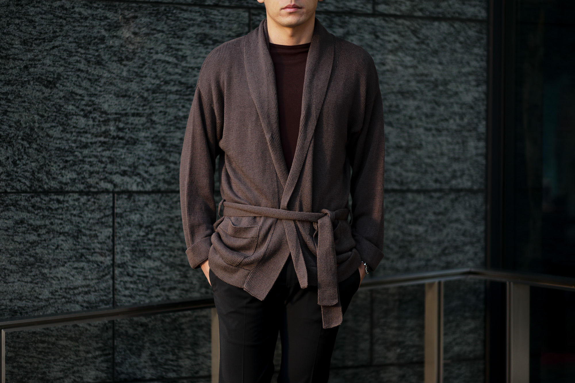 Settefili Cashmere(セッテフィーリ カシミア) Belted Shawl Collar Cardigan (ベルテッド ショールカラー カーディガン) リネンコットン ニット カーディガン BROWN (ブラウン・MA20) made in italy (イタリア製) 2020 春夏新作 愛知 名古屋 altoediritto アルトエデリット