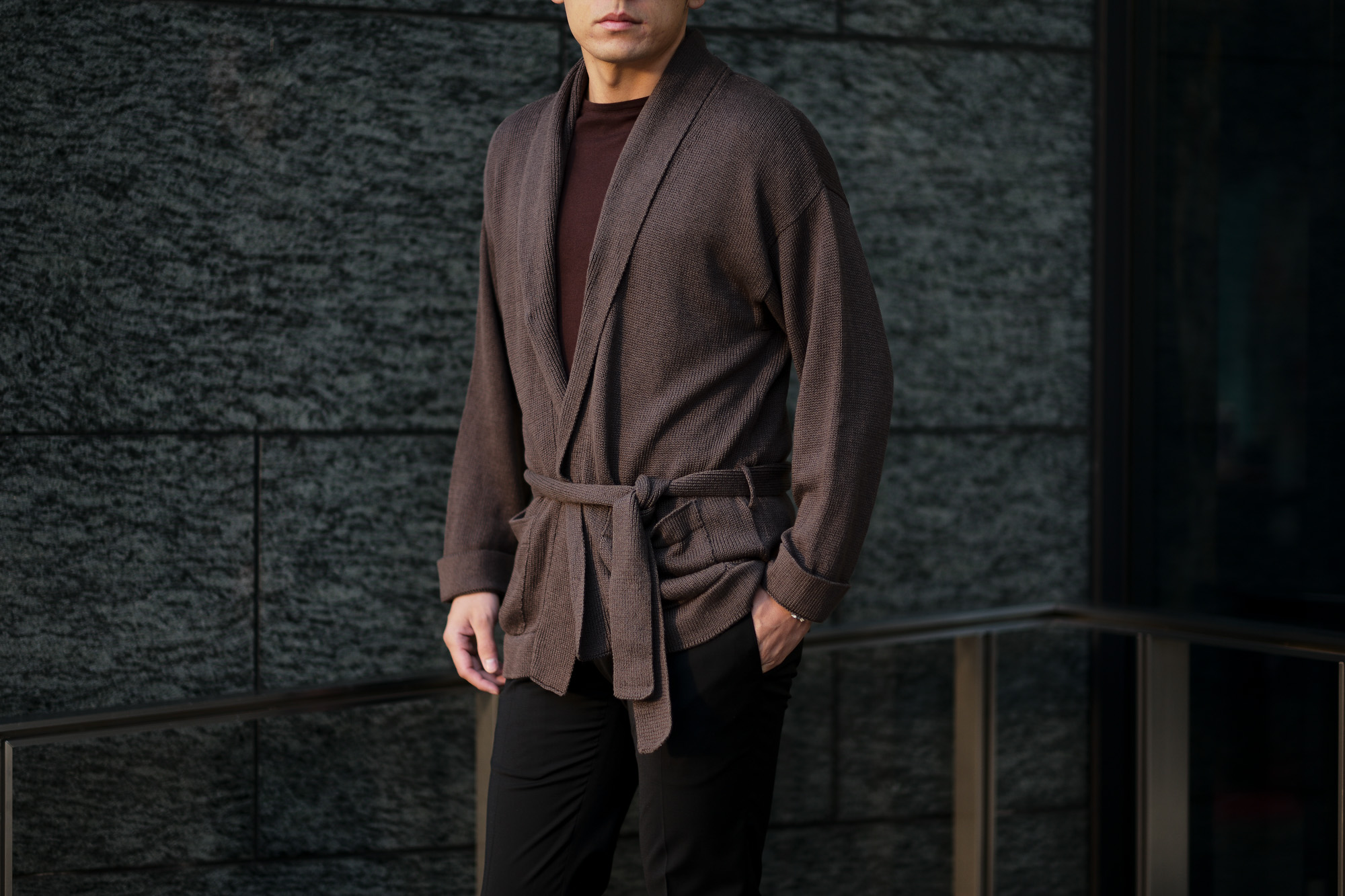 Settefili Cashmere(セッテフィーリ カシミア) Belted Shawl Collar Cardigan (ベルテッド ショールカラー カーディガン) リネンコットン ニット カーディガン BROWN (ブラウン・MA20) made in italy (イタリア製) 2020 春夏新作 愛知 名古屋 altoediritto アルトエデリット