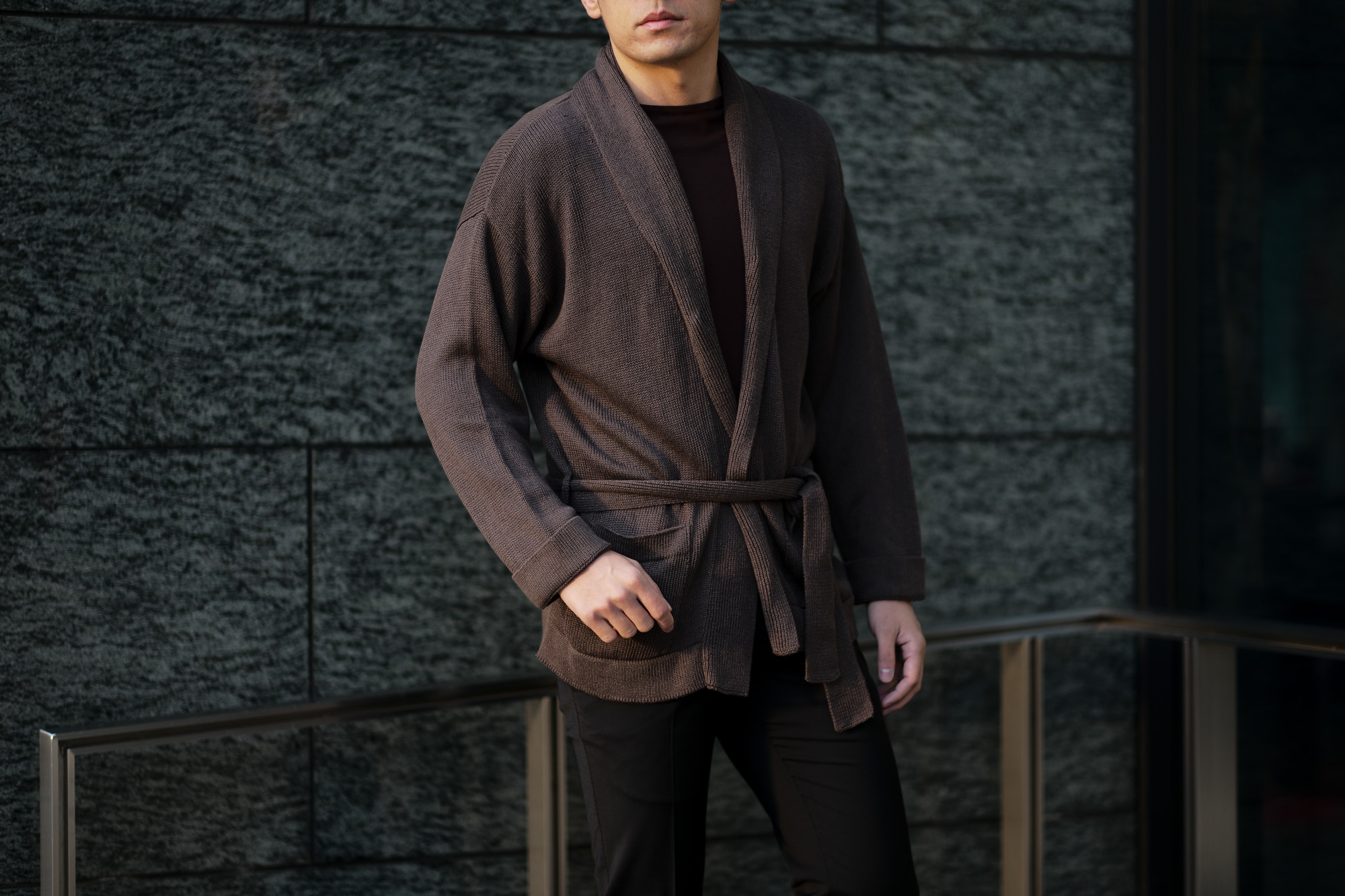 Settefili Cashmere(セッテフィーリ カシミア) Belted Shawl Collar Cardigan (ベルテッド ショールカラー カーディガン) リネンコットン ニット カーディガン BROWN (ブラウン・MA20) made in italy (イタリア製) 2020 春夏新作 愛知 名古屋 altoediritto アルトエデリット