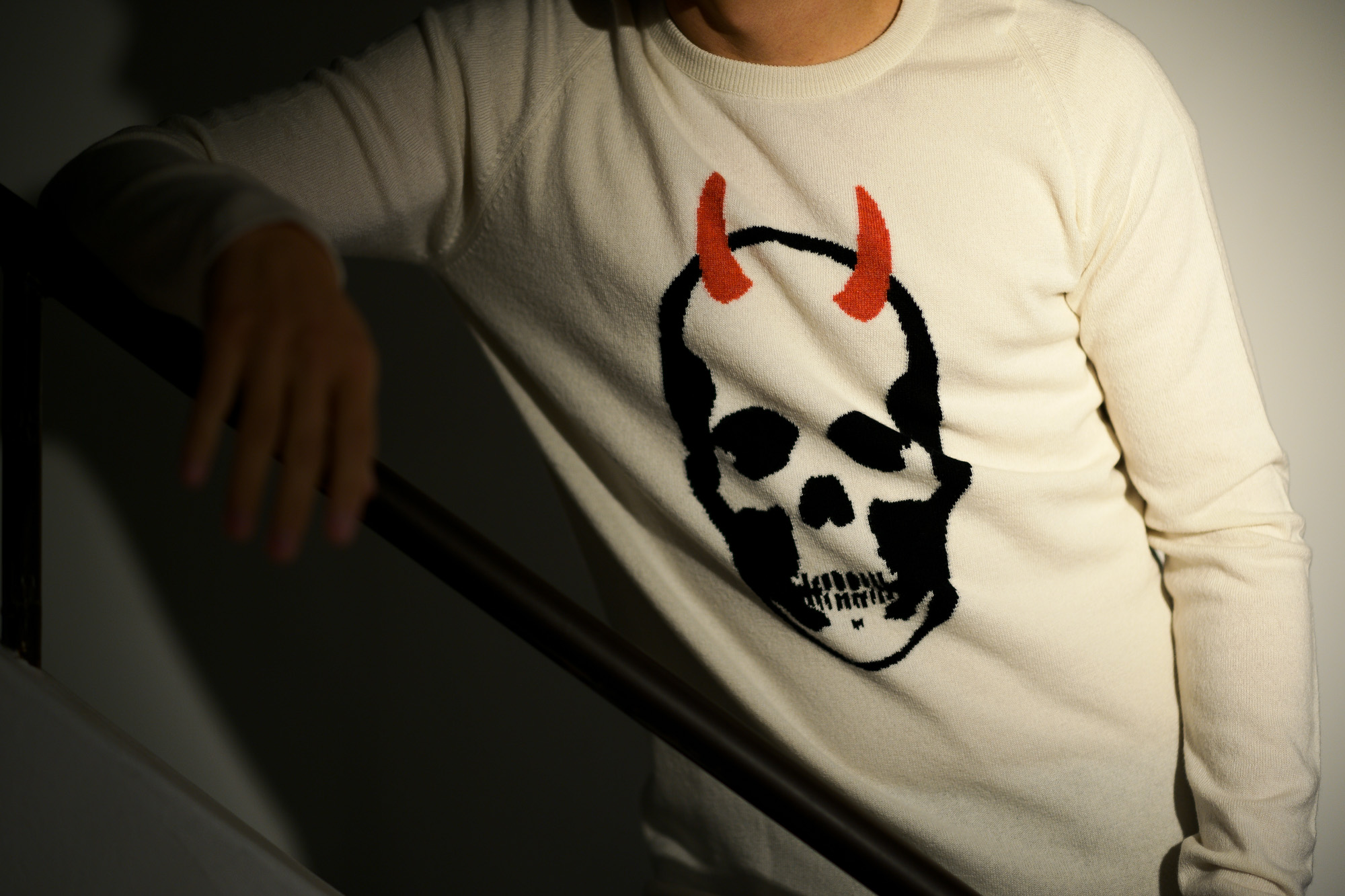 lucien pellat-finet(ルシアン ペラフィネ) Horn Skull Cashmere Sweater (ホーン スカル カシミア セーター) インターシャ カシミア スカル セーター NIVEOUS × BLACK (ホワイト × ブラック) made in scotland (スコットランド製) 2020 春夏新作 愛知 名古屋 altoediritto アルトエデリット