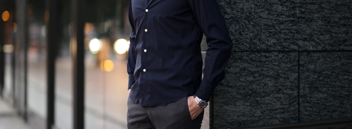 Finamore (フィナモレ) SEUL ITALIAN COLOR STRETCH COTTON SHIRTS ストレッチコットン ワンピースカラー シャツ NAVY (ネイビー) made in italy (イタリア製) 2020 秋冬 愛知 名古屋 altoediritto アルトエデリット シャツ