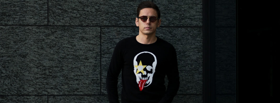 lucien pellat-finet(ルシアン ペラフィネ) KISS Skull Tongue Cashmere Sweater (キッス スカル タン カシミア セーター) インターシャ カシミア スカル セーター BLACK × NIVEOUS (ブラック × ホワイト) made in scotland (スコットランド製) 2020 春夏新作 愛知 名古屋 altoediritto アルトエデリット